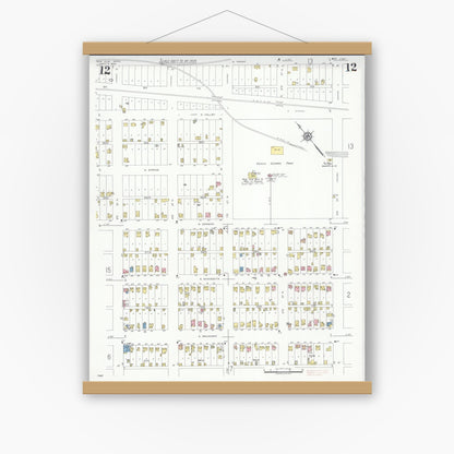 Old map wall art mockup — magnetic wood frame on white wall — Sanborn Fire Insurance Map from New Ulm, Brown County, Minnesota (1935), Sheet #0012