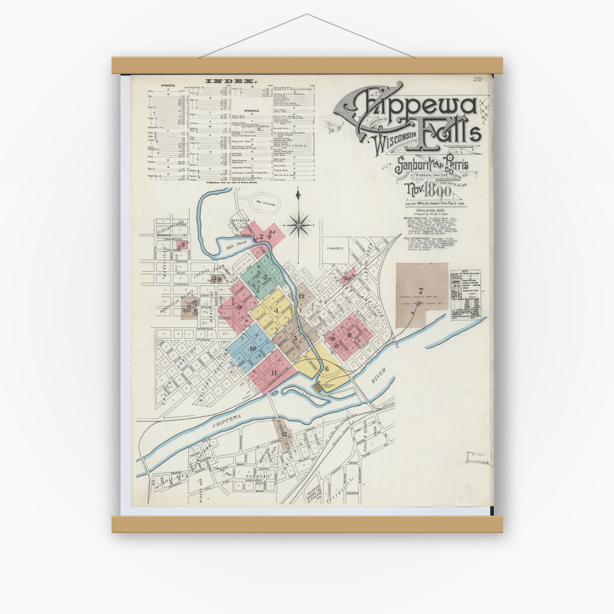Old map wall art mockup — magnetic wood frame on white wall — Sanborn Fire Insurance Map from Chippewa Falls, Chippewa County, Wisconsin (1890) - Complete Map Set