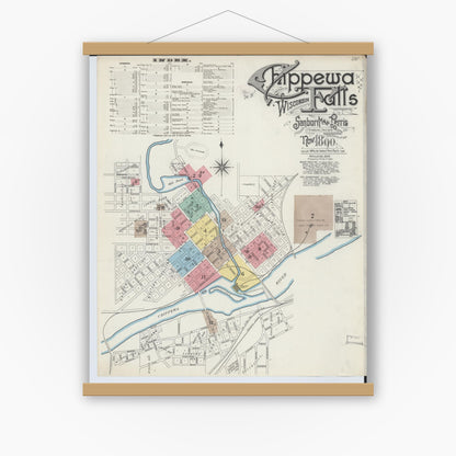 Old map wall art mockup — magnetic wood frame on white wall — Sanborn Fire Insurance Map from Chippewa Falls, Chippewa County, Wisconsin (1890) - Complete Map Set