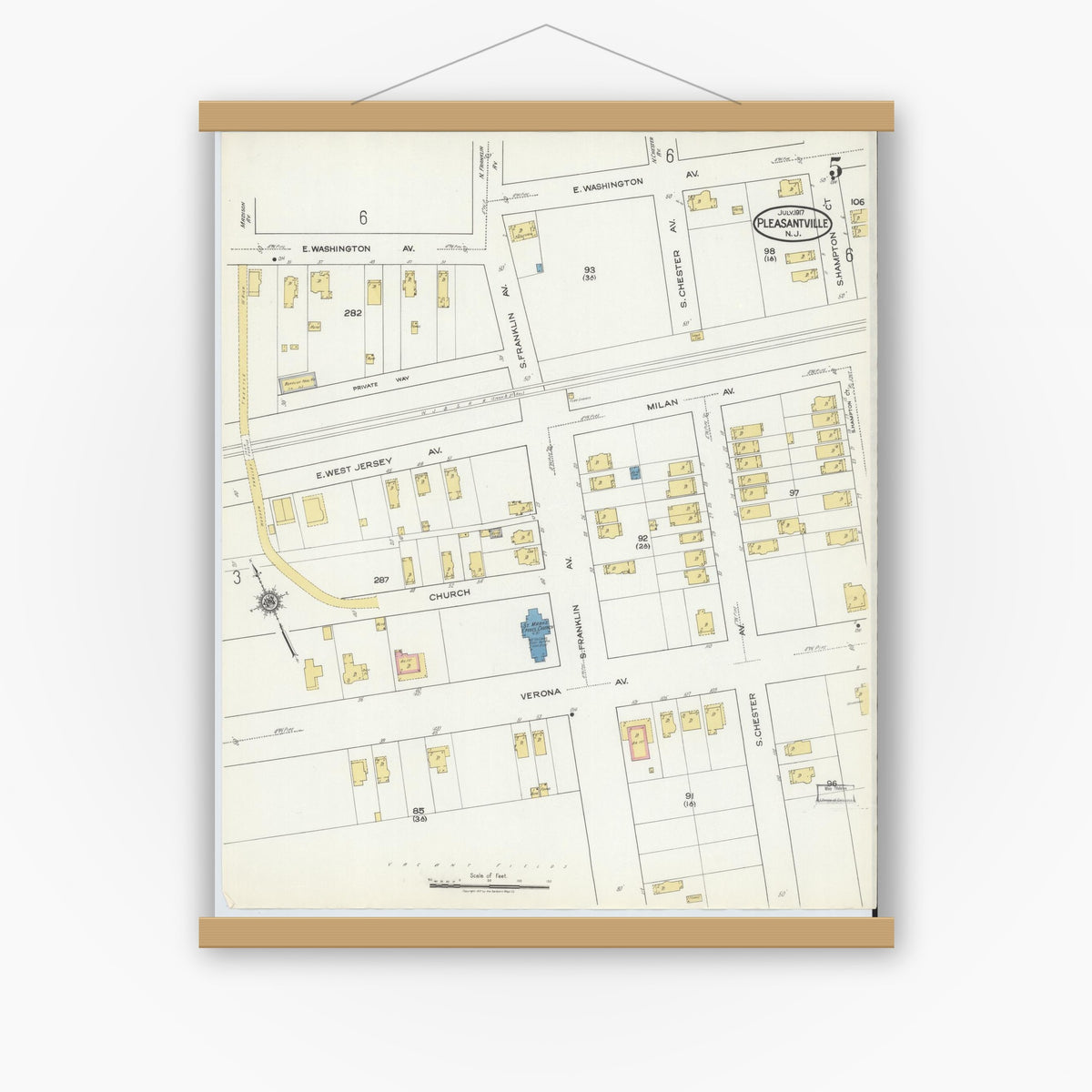 Old map wall art mockup — magnetic wood frame on white wall — Sanborn Fire Insurance Map from Pleasantville, Atlantic County, New Jersey (1917), Sheet #0005