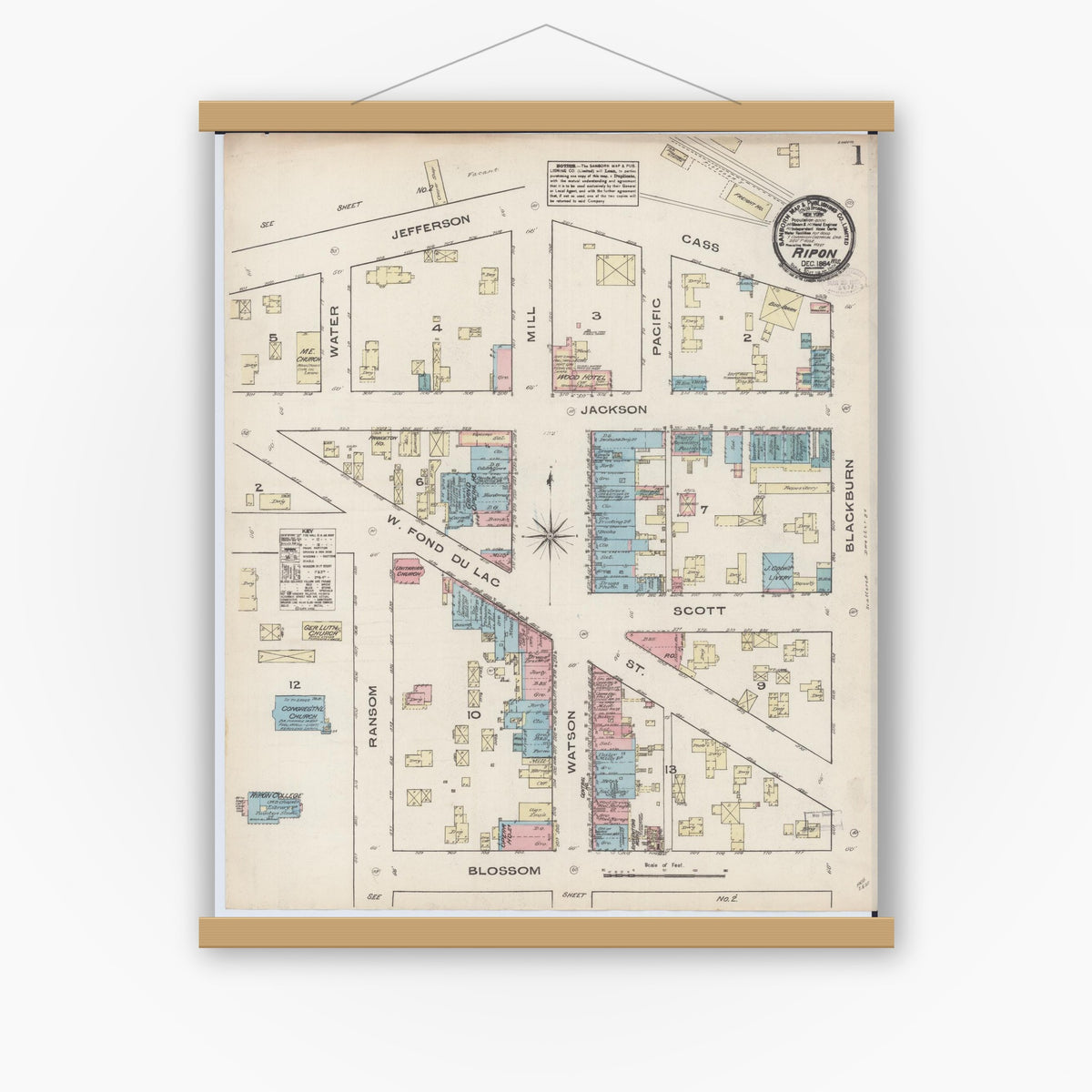 Old map wall art mockup — magnetic wood frame on white wall — Sanborn Fire Insurance Map from Ripon, Fond du Lac County, Wisconsin (1884) - Complete Map Set