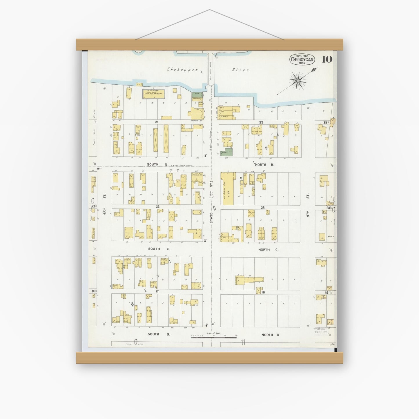 Old map wall art mockup — magnetic wood frame on white wall — Sanborn Fire Insurance Map from Cheboygan, Cheboygan County, Michigan (1900), Sheet #0010