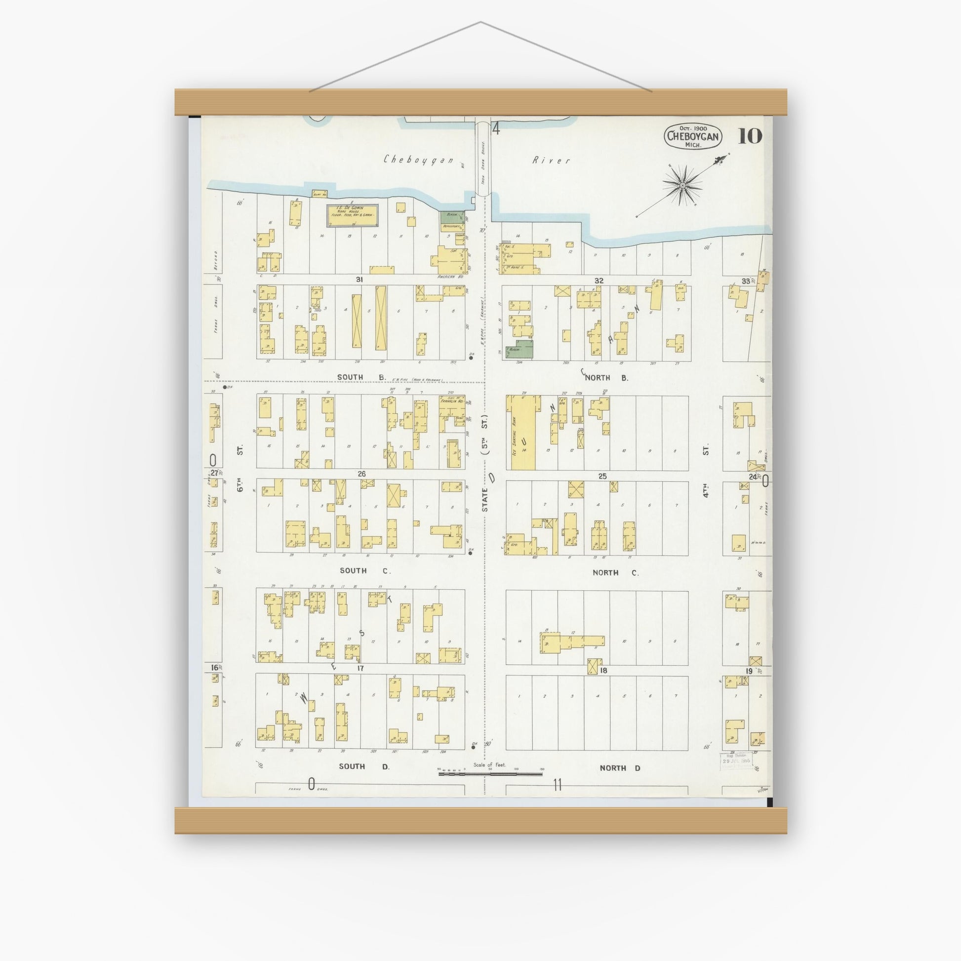 Old map wall art mockup — magnetic wood frame on white wall — Sanborn Fire Insurance Map from Cheboygan, Cheboygan County, Michigan (1900), Sheet #0010