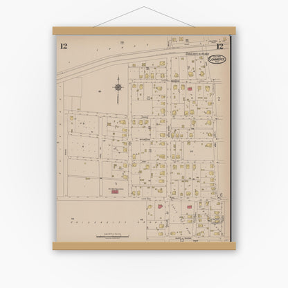 Old map wall art mockup — magnetic wood frame on white wall — Sanborn Fire Insurance Map from Commerce, Hunt County, Texas (1922), Sheet #0012