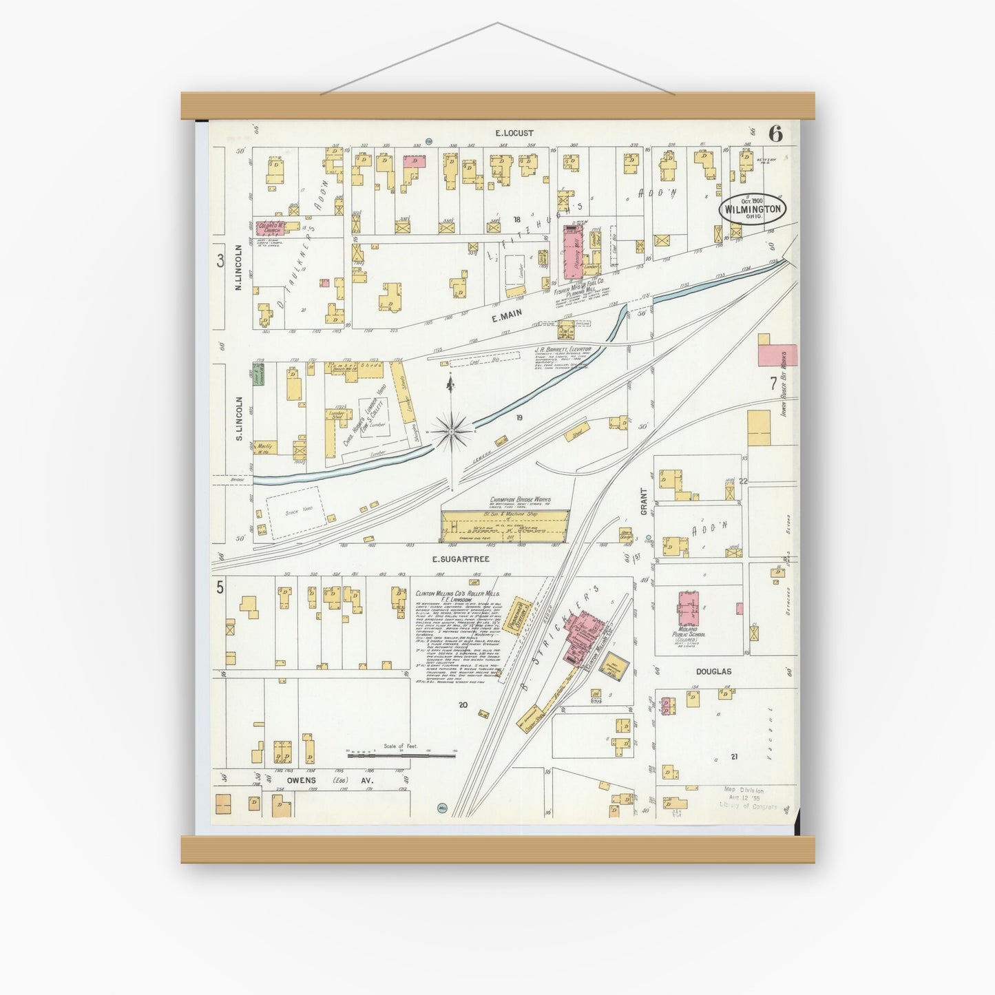 Old map wall art mockup — magnetic wood frame on white wall — Sanborn Fire Insurance Map from Wilmington, Clinton County, Ohio (1900), Sheet #0006