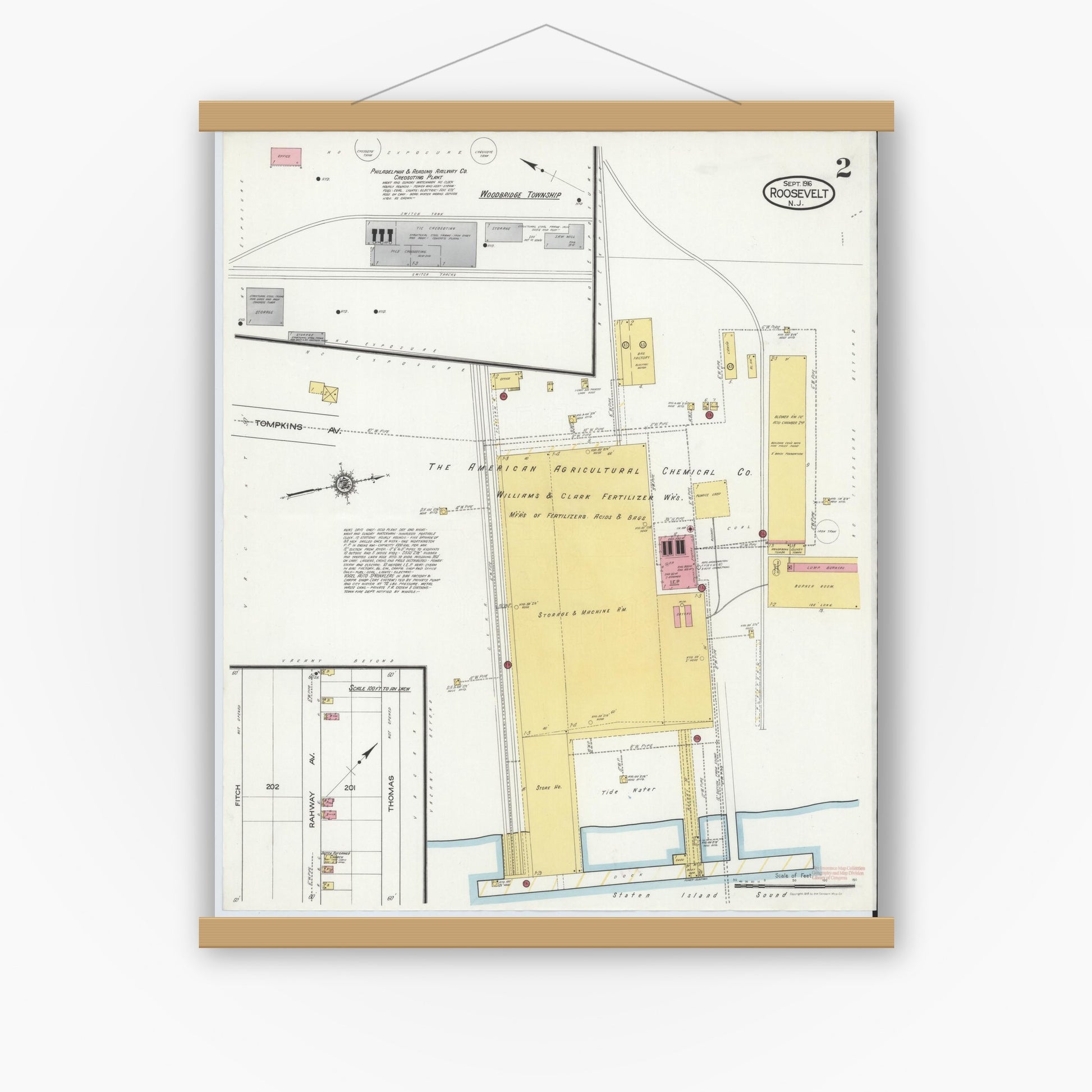 Old map wall art mockup — magnetic wood frame on white wall — Sanborn Fire Insurance Map from Roosevelt, Middlesex County, New Jersey (1916), Sheet #0002