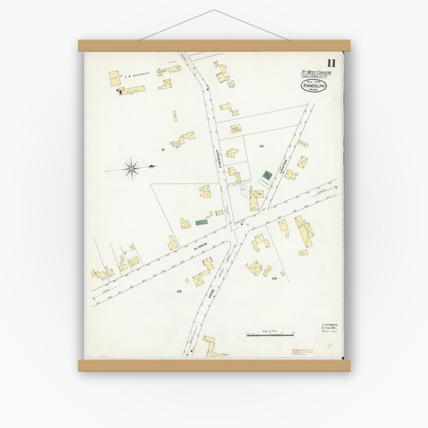 Old map wall art mockup — magnetic wood frame on white wall — Sanborn Fire Insurance Map from Randolph, Norfolk County, Massachusetts (1909), Sheet #0011