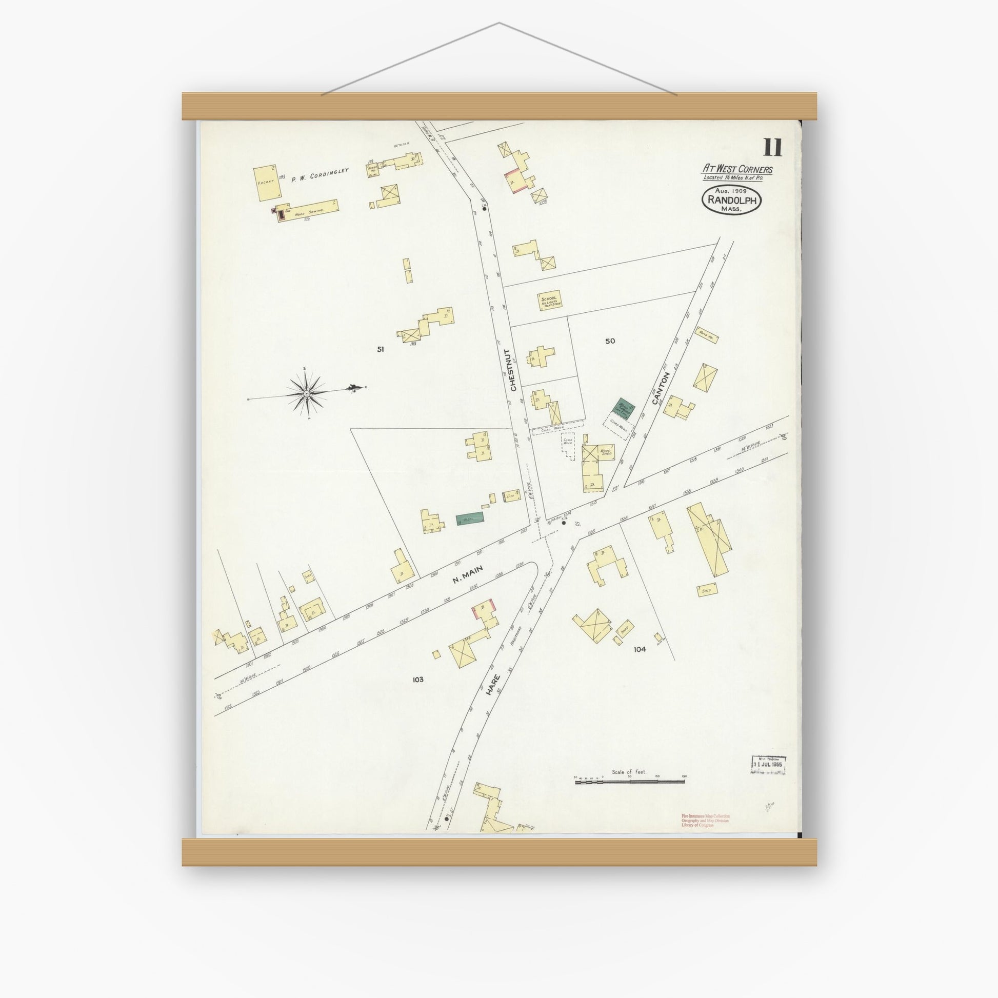 Old map wall art mockup — magnetic wood frame on white wall — Sanborn Fire Insurance Map from Randolph, Norfolk County, Massachusetts (1909), Sheet #0011