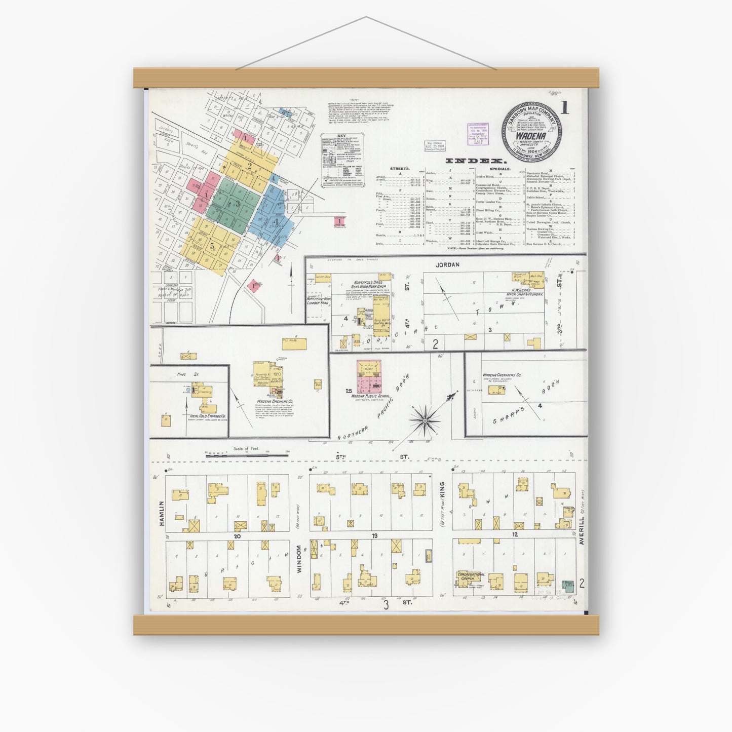 Old map wall art mockup — magnetic wood frame on white wall — Sanborn Fire Insurance Map from Wadena, Wadena County, Minnesota (1904) - Complete Map Set