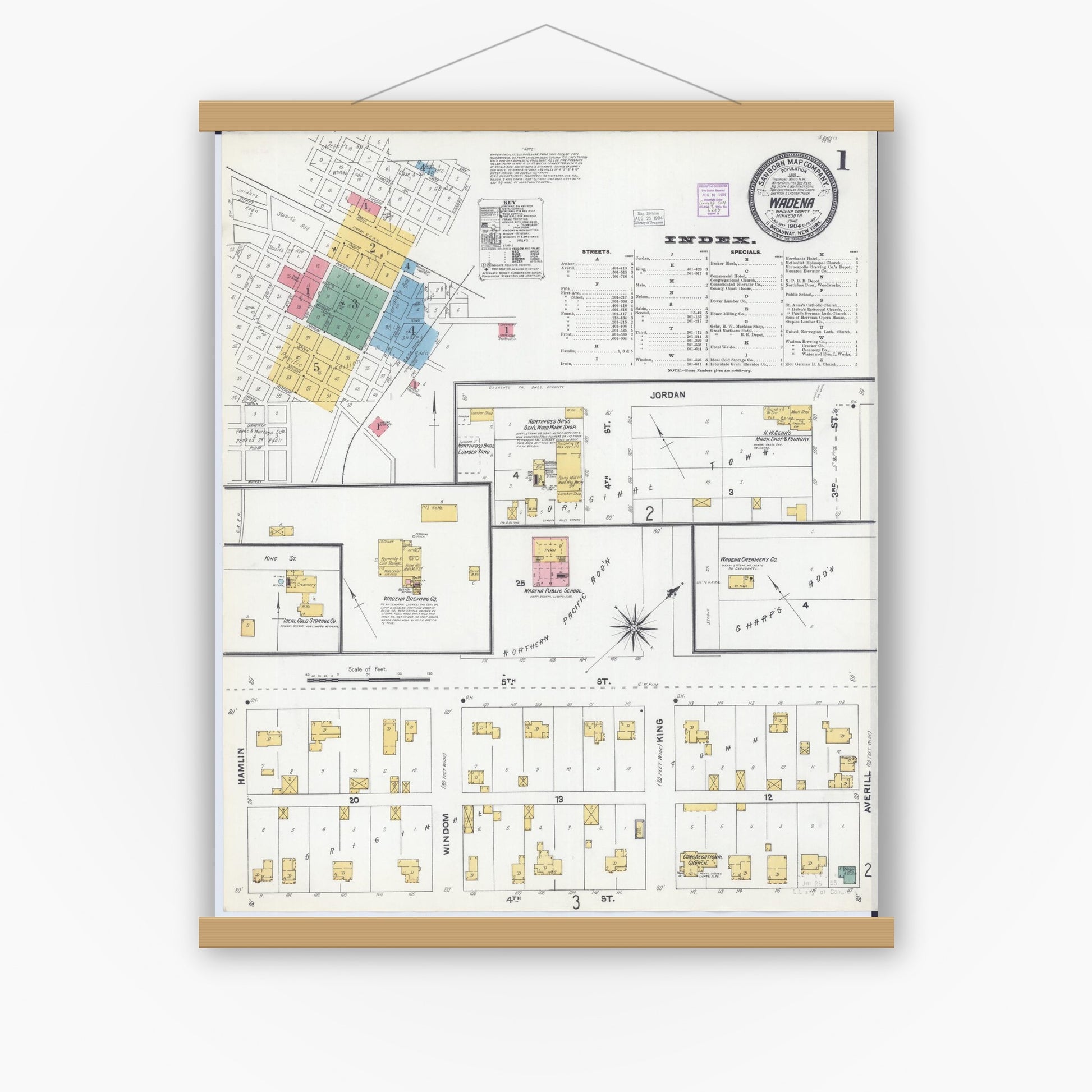 Old map wall art mockup — magnetic wood frame on white wall — Sanborn Fire Insurance Map from Wadena, Wadena County, Minnesota (1904) - Complete Map Set