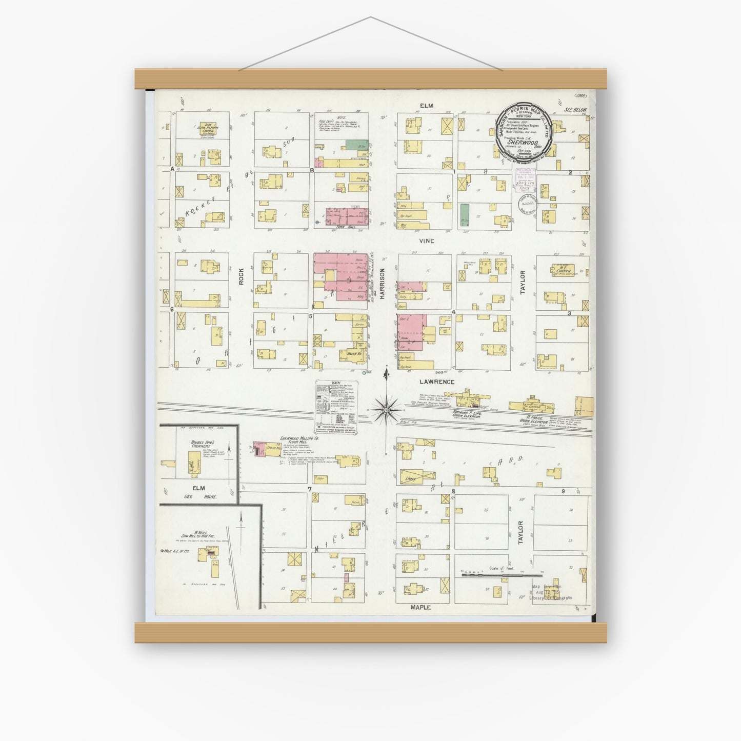 Old map wall art mockup — magnetic wood frame on white wall — Sanborn Fire Insurance Map from Sherwood, Defiance County, Ohio (1901), Sheet #0001