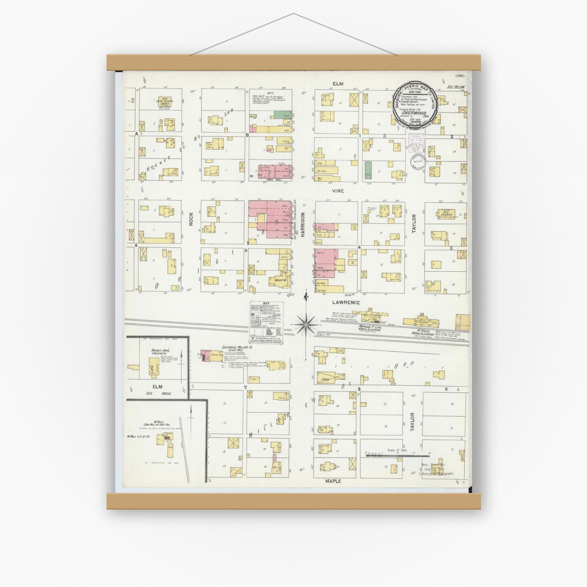 Old map wall art mockup — magnetic wood frame on white wall — Sanborn Fire Insurance Map from Sherwood, Defiance County, Ohio (1901), Sheet #0001