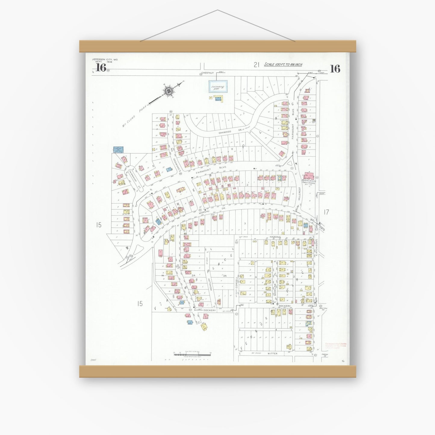 Old map wall art mockup — magnetic wood frame on white wall — Sanborn Fire Insurance Map from Jefferson City, Cole County, Missouri (1939), Sheet #0016