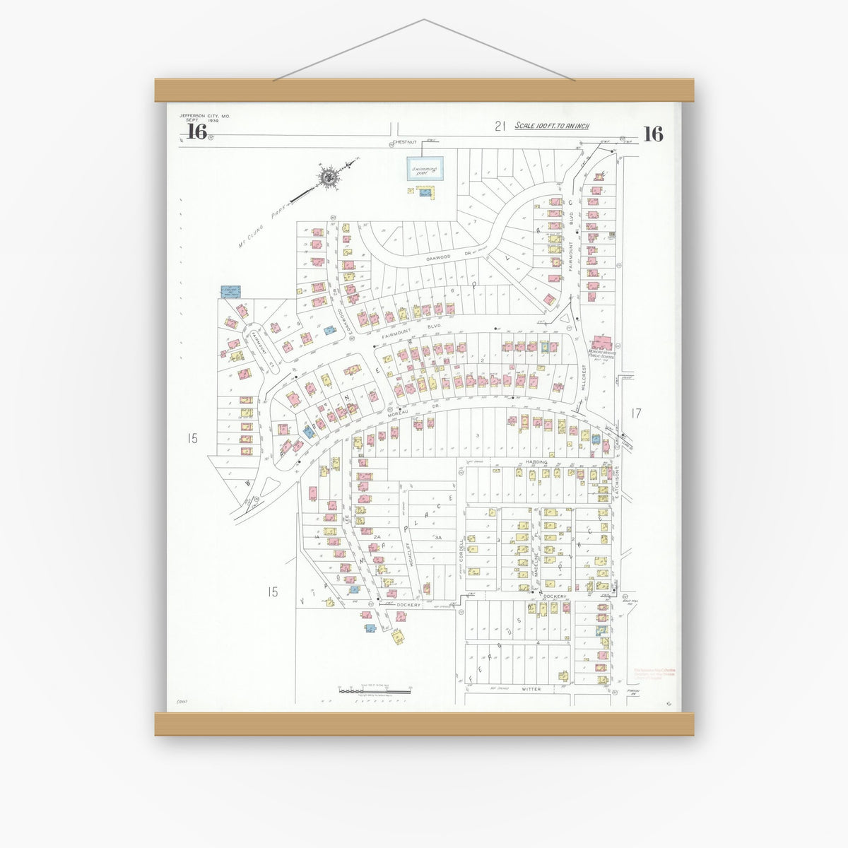 Old map wall art mockup — magnetic wood frame on white wall — Sanborn Fire Insurance Map from Jefferson City, Cole County, Missouri (1939), Sheet #0016