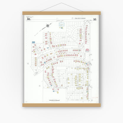 Old map wall art mockup — magnetic wood frame on white wall — Sanborn Fire Insurance Map from Jefferson City, Cole County, Missouri (1939), Sheet #0016