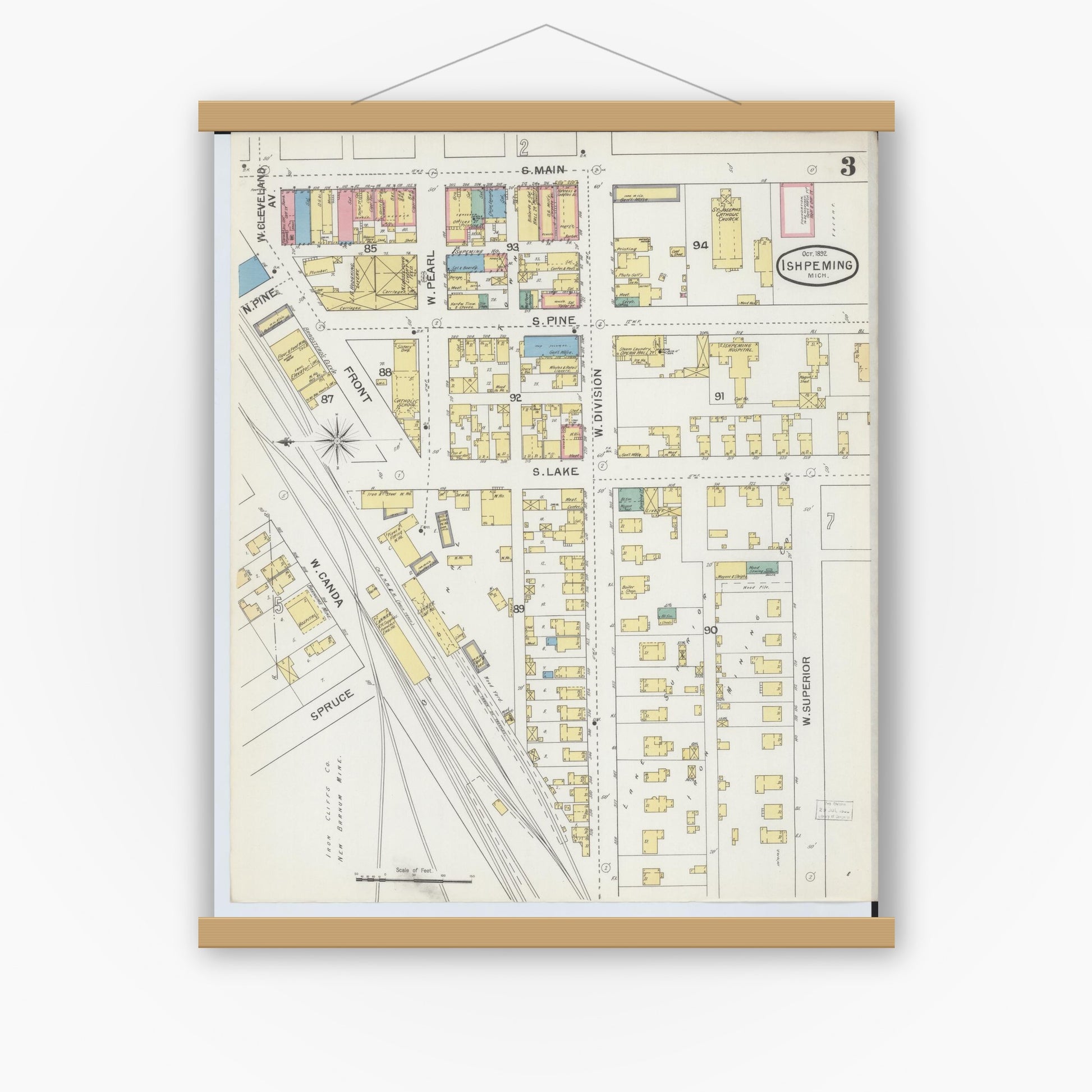Old map wall art mockup — magnetic wood frame on white wall — Sanborn Fire Insurance Map from Ishpeming, Marquette County, Michigan (1892), Sheet #0003