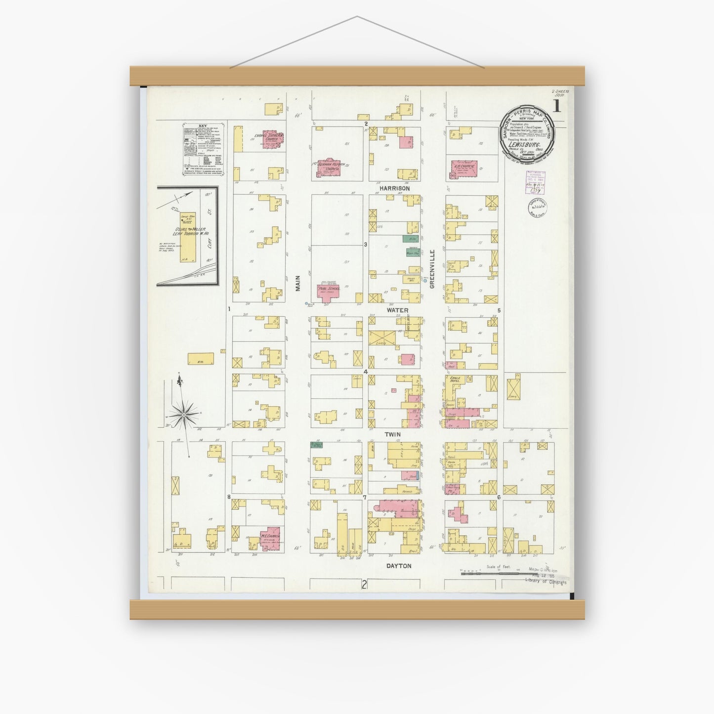 Old map wall art mockup — magnetic wood frame on white wall — Sanborn Fire Insurance Map from Lewisburg, Preble County, Ohio (1901) - Complete Map Set