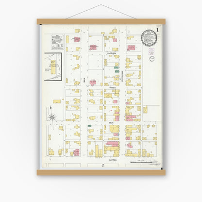 Old map wall art mockup — magnetic wood frame on white wall — Sanborn Fire Insurance Map from Lewisburg, Preble County, Ohio (1901) - Complete Map Set