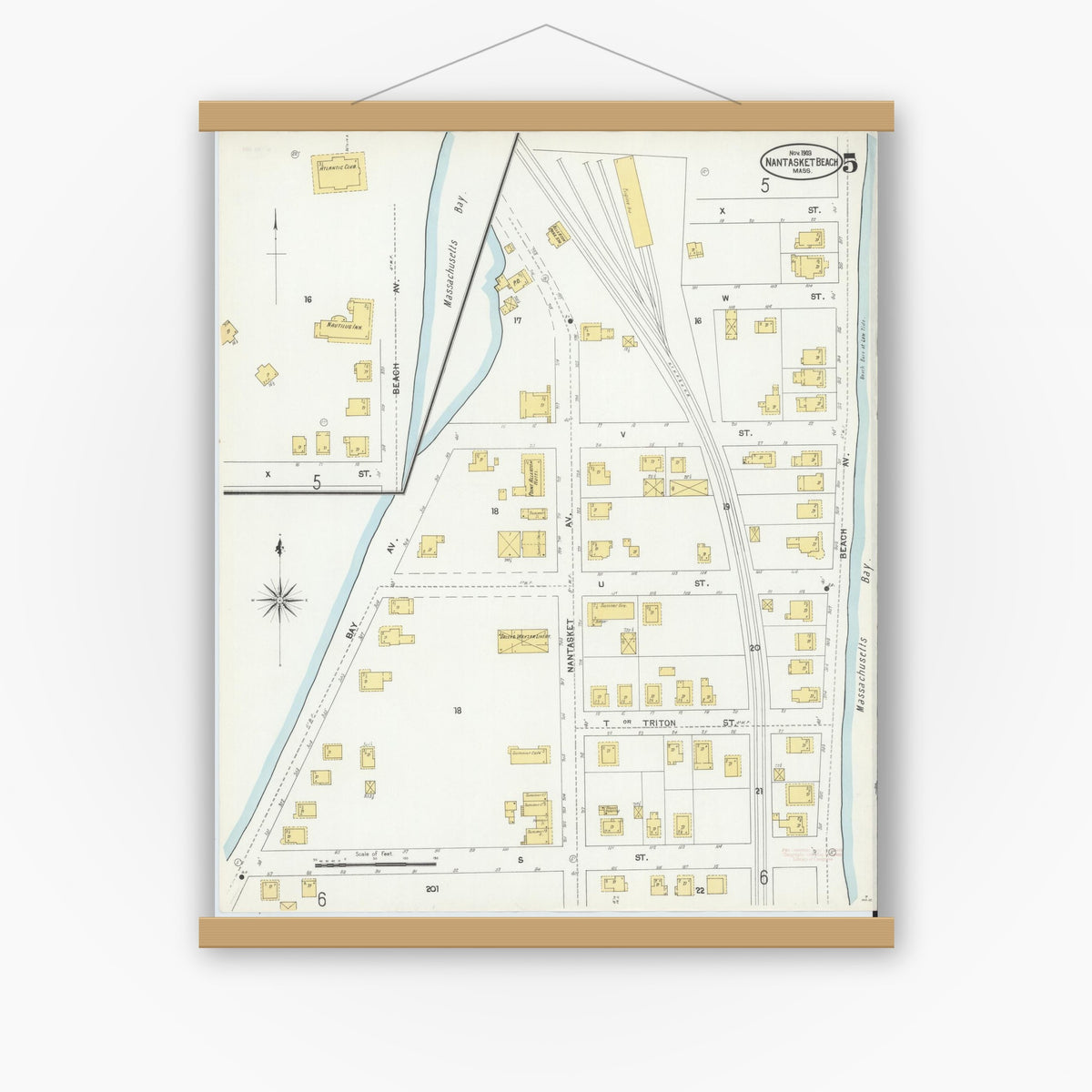 Old map wall art mockup — magnetic wood frame on white wall — Sanborn Fire Insurance Map from Nantasket Beach, Plymouth County, Massachusetts (1903), Sheet #0005