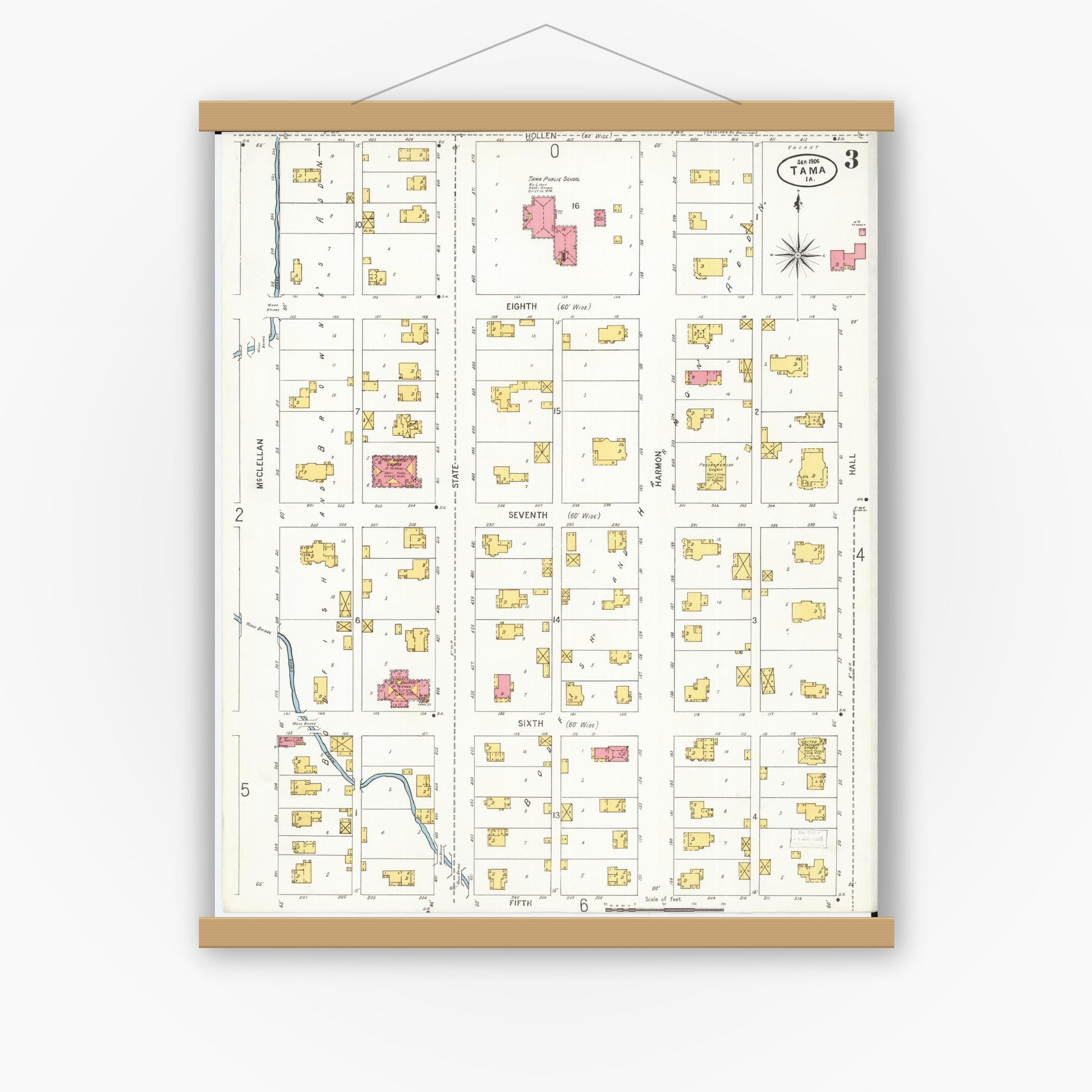 Old map wall art mockup — magnetic wood frame on white wall — Sanborn Fire Insurance Map from Tama, Tama County, Iowa (1906), Sheet #0003