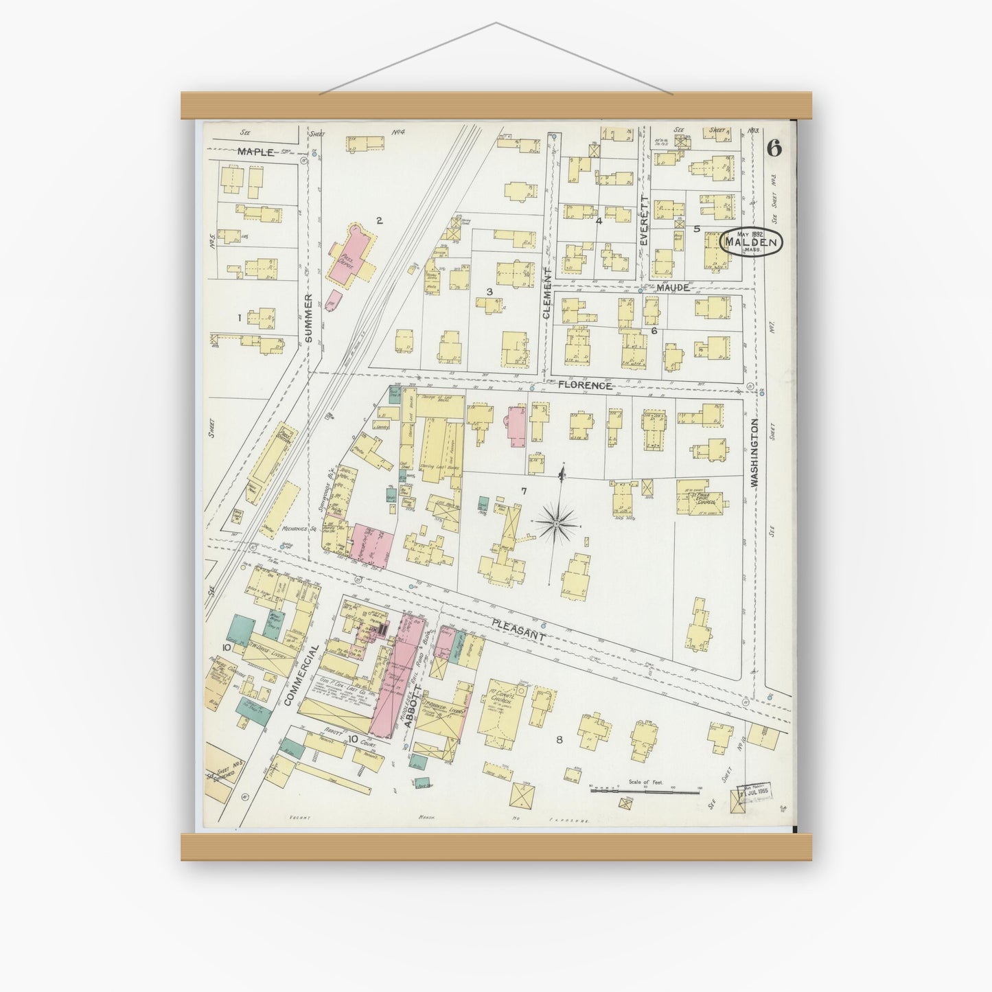 Old map wall art mockup — magnetic wood frame on white wall — Sanborn Fire Insurance Map from Malden, Middlesex County, Massachusetts (1892), Sheet #0006