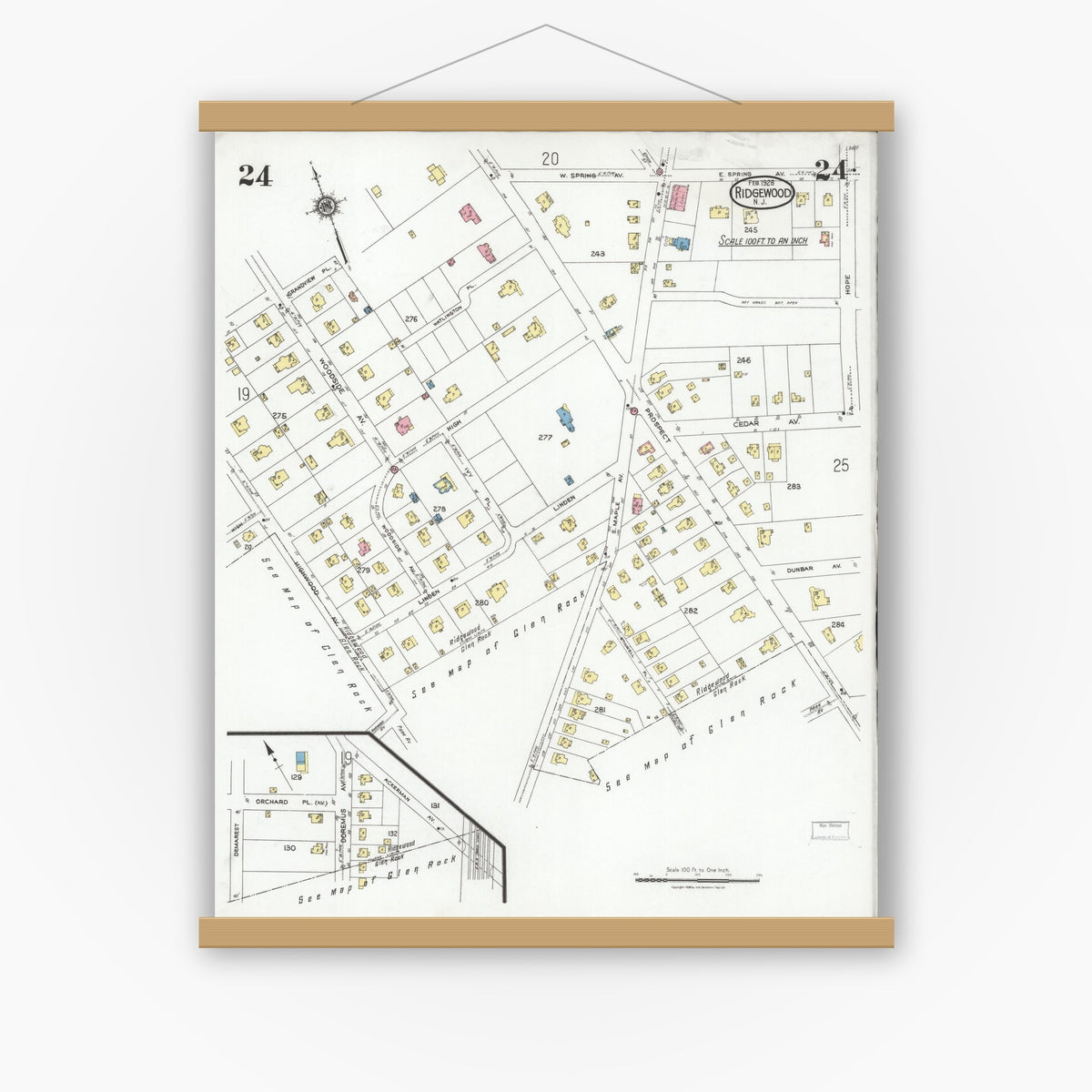 Old map wall art mockup — magnetic wood frame on white wall — Sanborn Fire Insurance Map from Ridgewood, Bergen County, New Jersey (1928), Sheet #0024