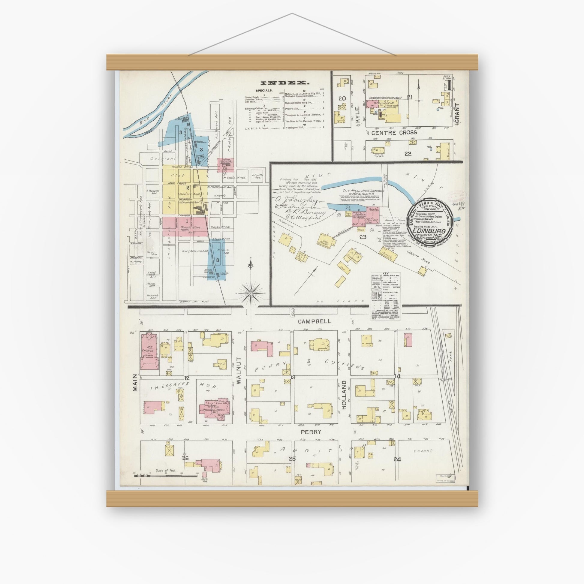 Old map wall art mockup — magnetic wood frame on white wall — Sanborn Fire Insurance Map from Edinburg, Johnson And Bartholomew Counties, Indiana (1892) - Complete Map Set