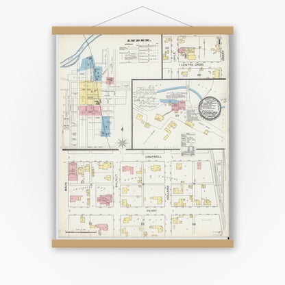 Old map wall art mockup — magnetic wood frame on white wall — Sanborn Fire Insurance Map from Edinburg, Johnson And Bartholomew Counties, Indiana (1892) - Complete Map Set