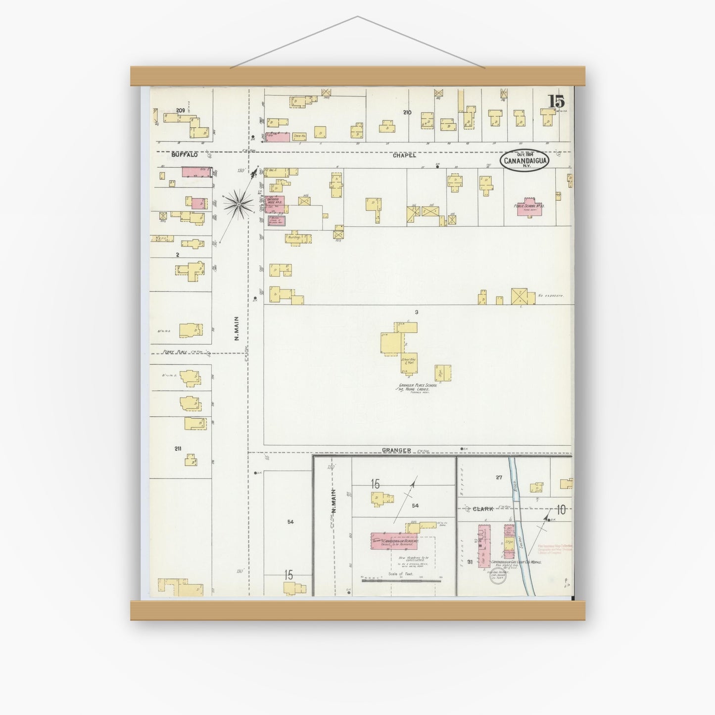 Old map wall art mockup — magnetic wood frame on white wall — Sanborn Fire Insurance Map from Canandaigua, Ontario County, New York (1904), Sheet #0015