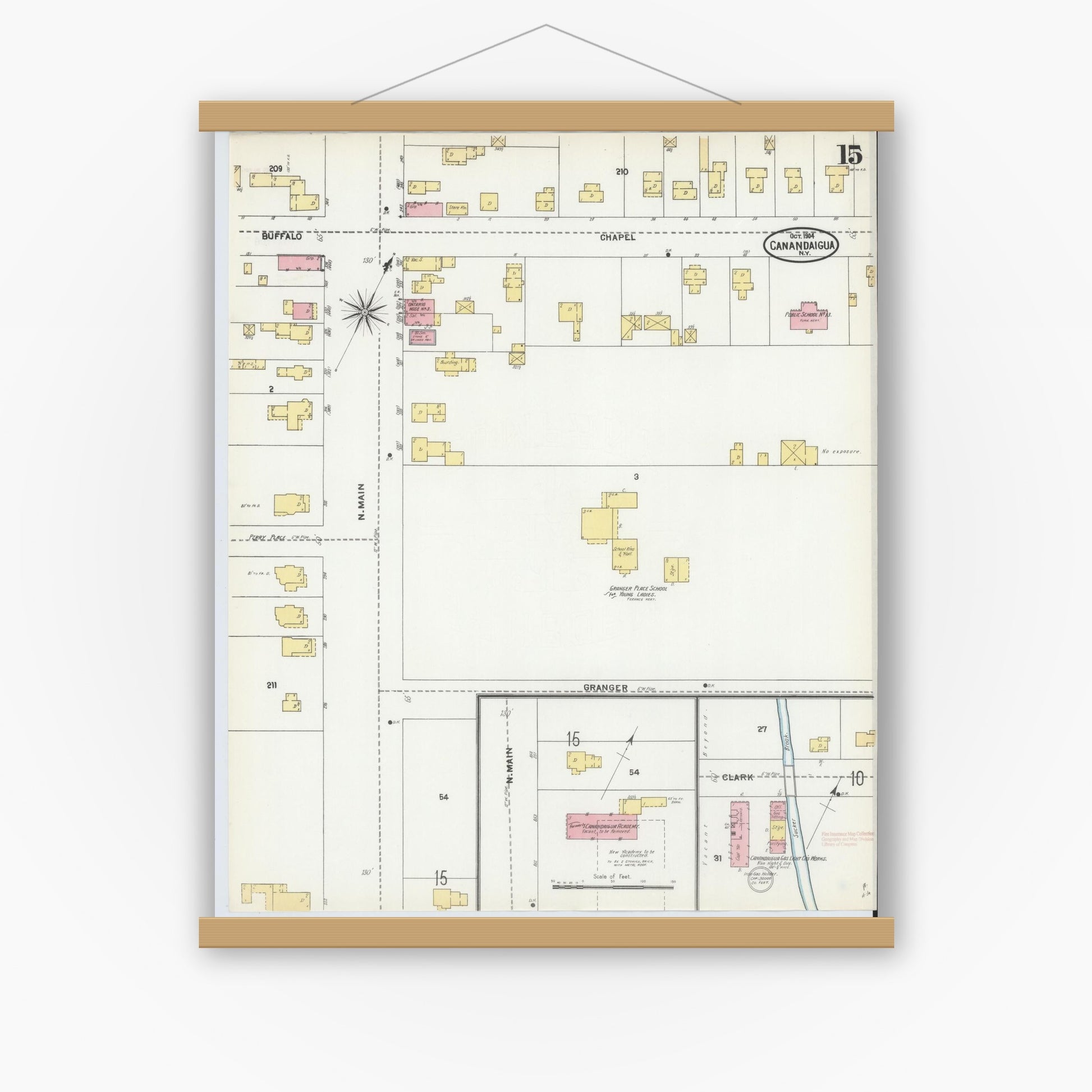 Old map wall art mockup — magnetic wood frame on white wall — Sanborn Fire Insurance Map from Canandaigua, Ontario County, New York (1904), Sheet #0015