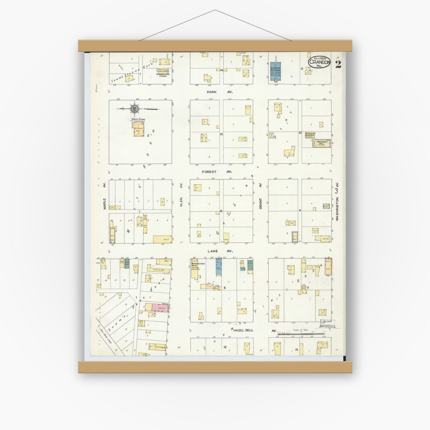 Old map wall art mockup — magnetic wood frame on white wall — Sanborn Fire Insurance Map from Crandon, Forest County, Wisconsin (1909), Sheet #0002