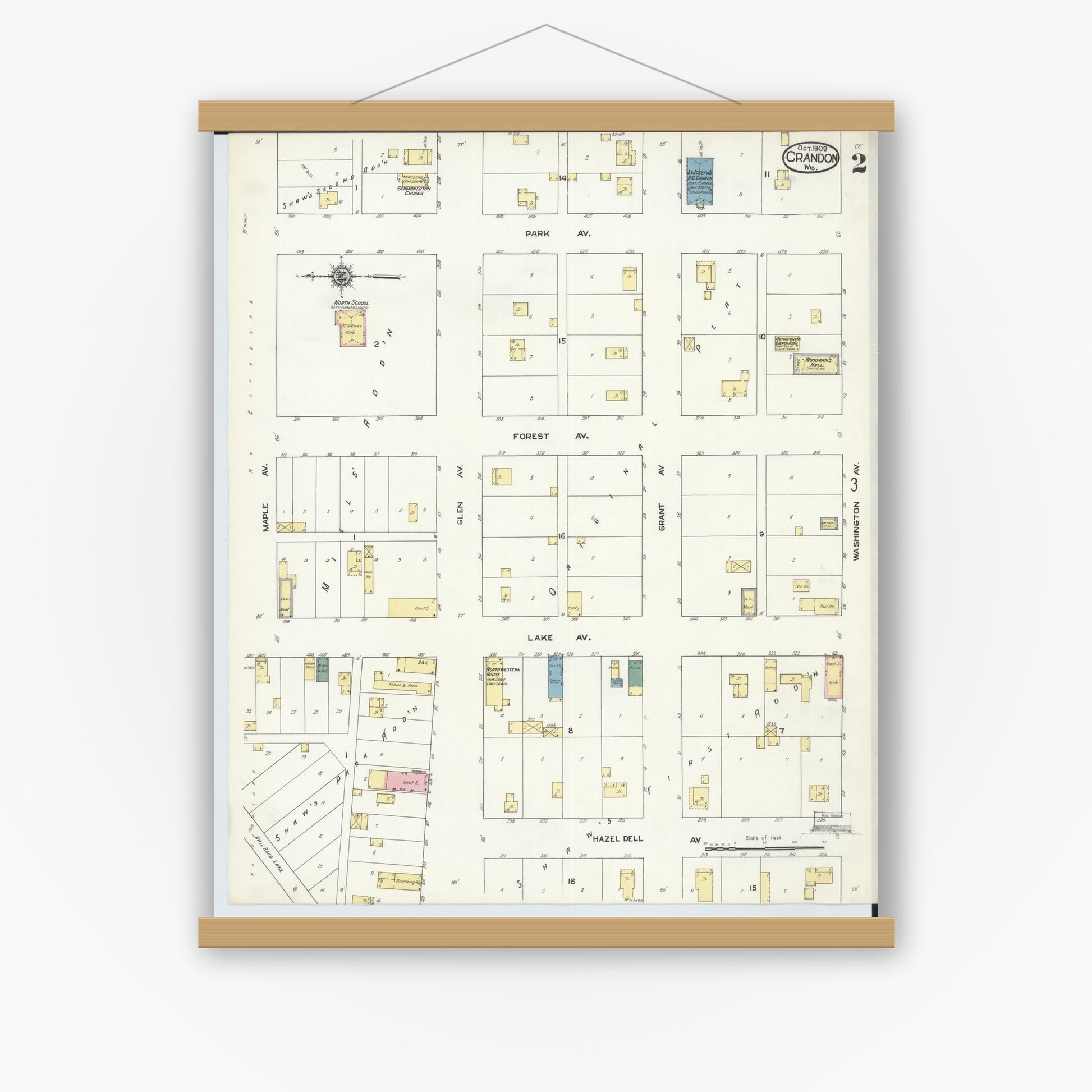 Old map wall art mockup — magnetic wood frame on white wall — Sanborn Fire Insurance Map from Crandon, Forest County, Wisconsin (1909), Sheet #0002