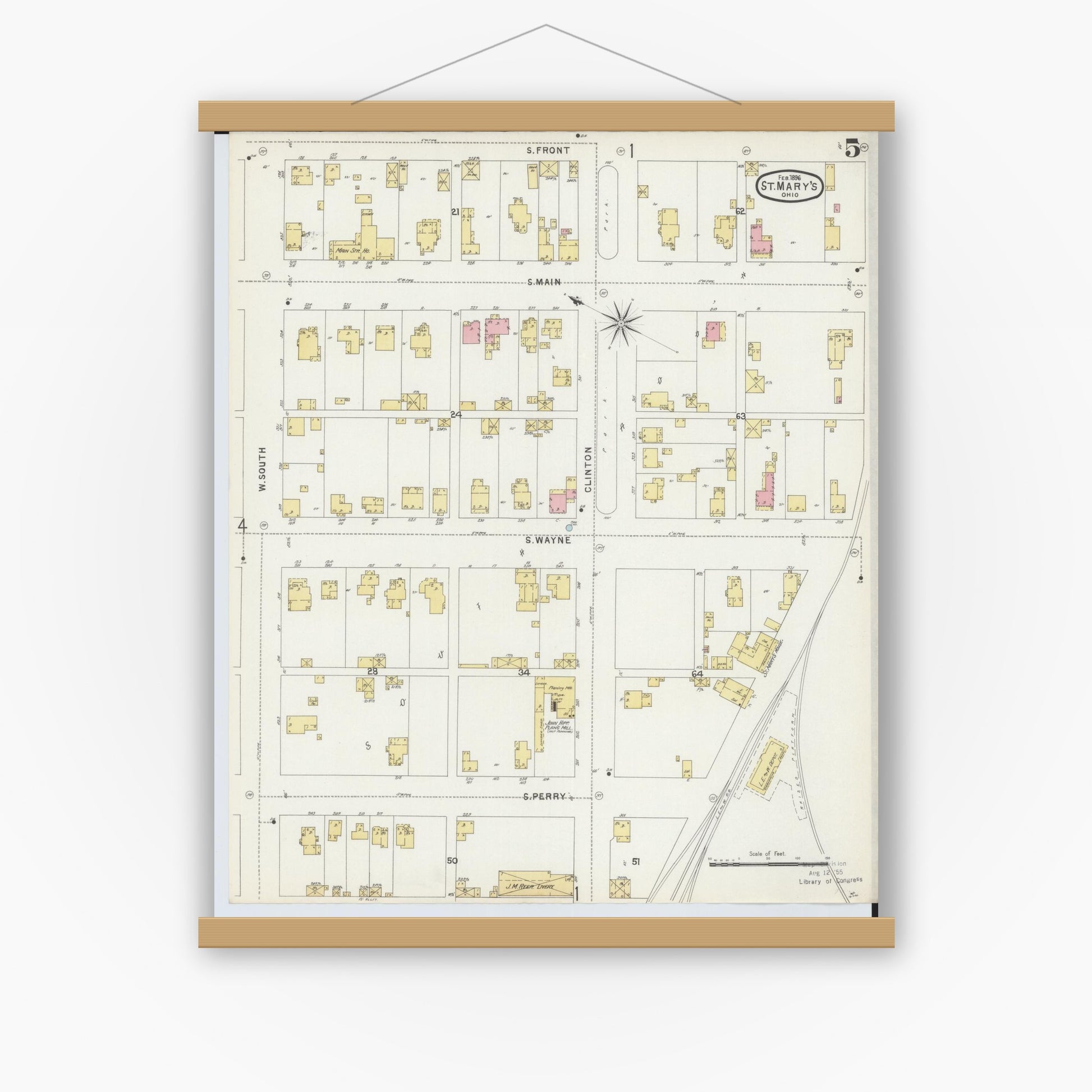 Old map wall art mockup — magnetic wood frame on white wall — Sanborn Fire Insurance Map from Saint Marys, Auglaize County, Ohio (1896), Sheet #0005