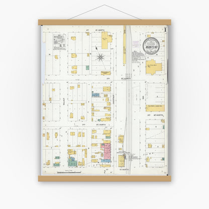 Old map wall art mockup — magnetic wood frame on white wall — Sanborn Fire Insurance Map from Manteno, Kankakee County, Illinois (1904), Sheet #0001