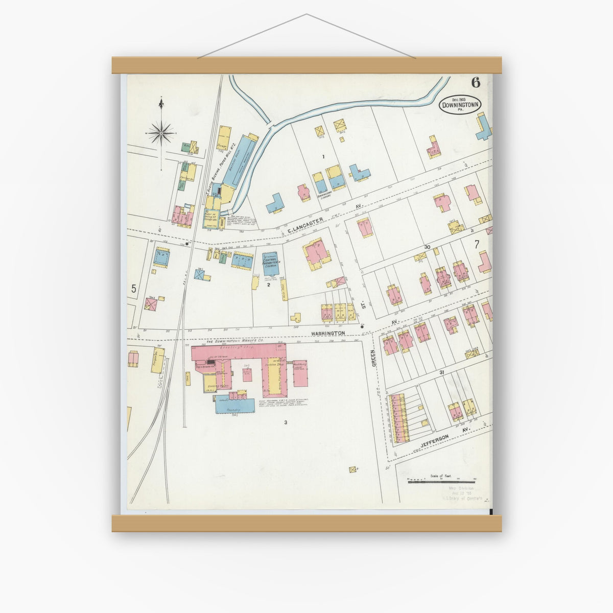 Old map wall art mockup — magnetic wood frame on white wall — Sanborn Fire Insurance Map from Downingtown, Chester County, Pennsylvania (1903), Sheet #0006