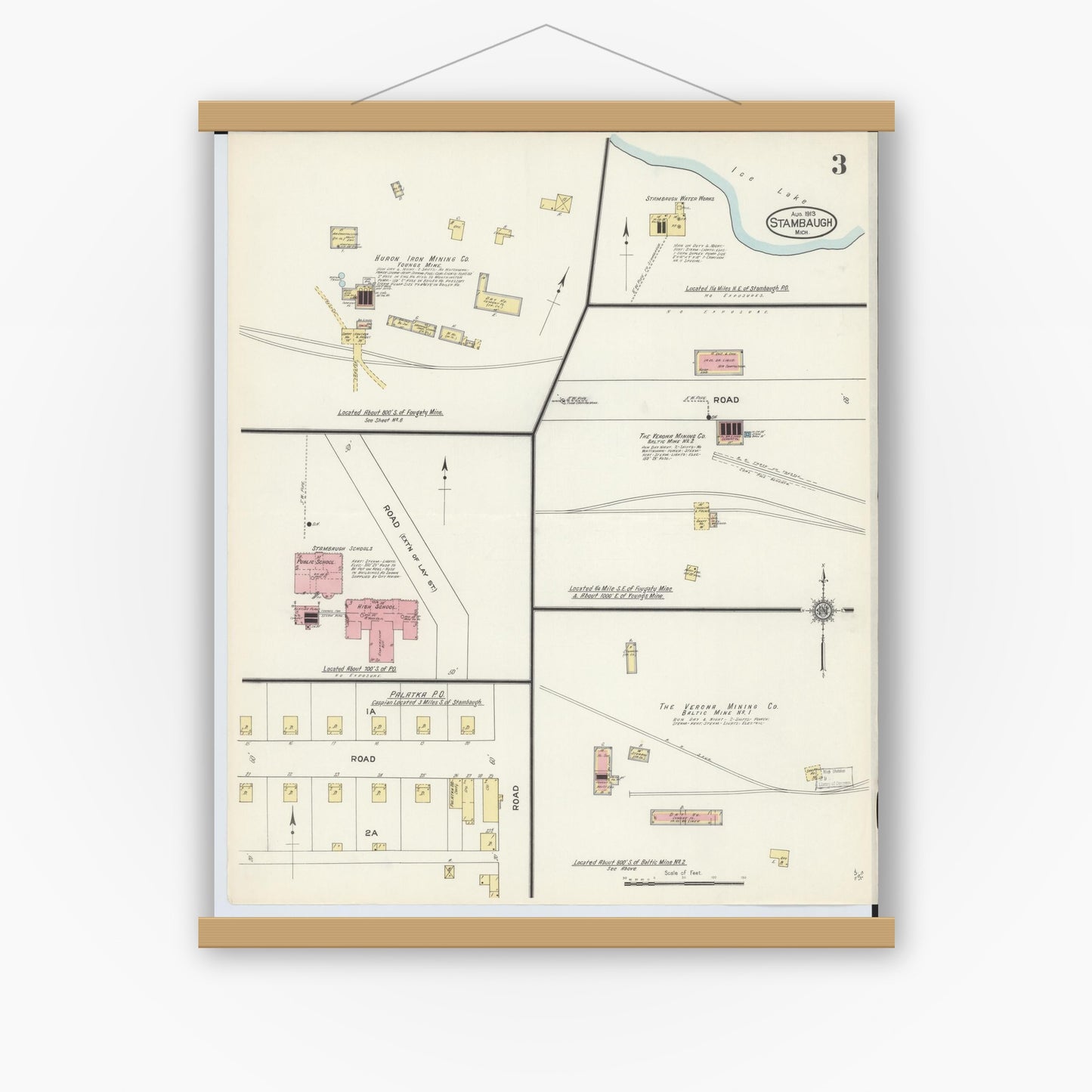 Old map wall art mockup — magnetic wood frame on white wall — Sanborn Fire Insurance Map from Stambaugh, Iron County, Michigan (1913), Sheet #0003