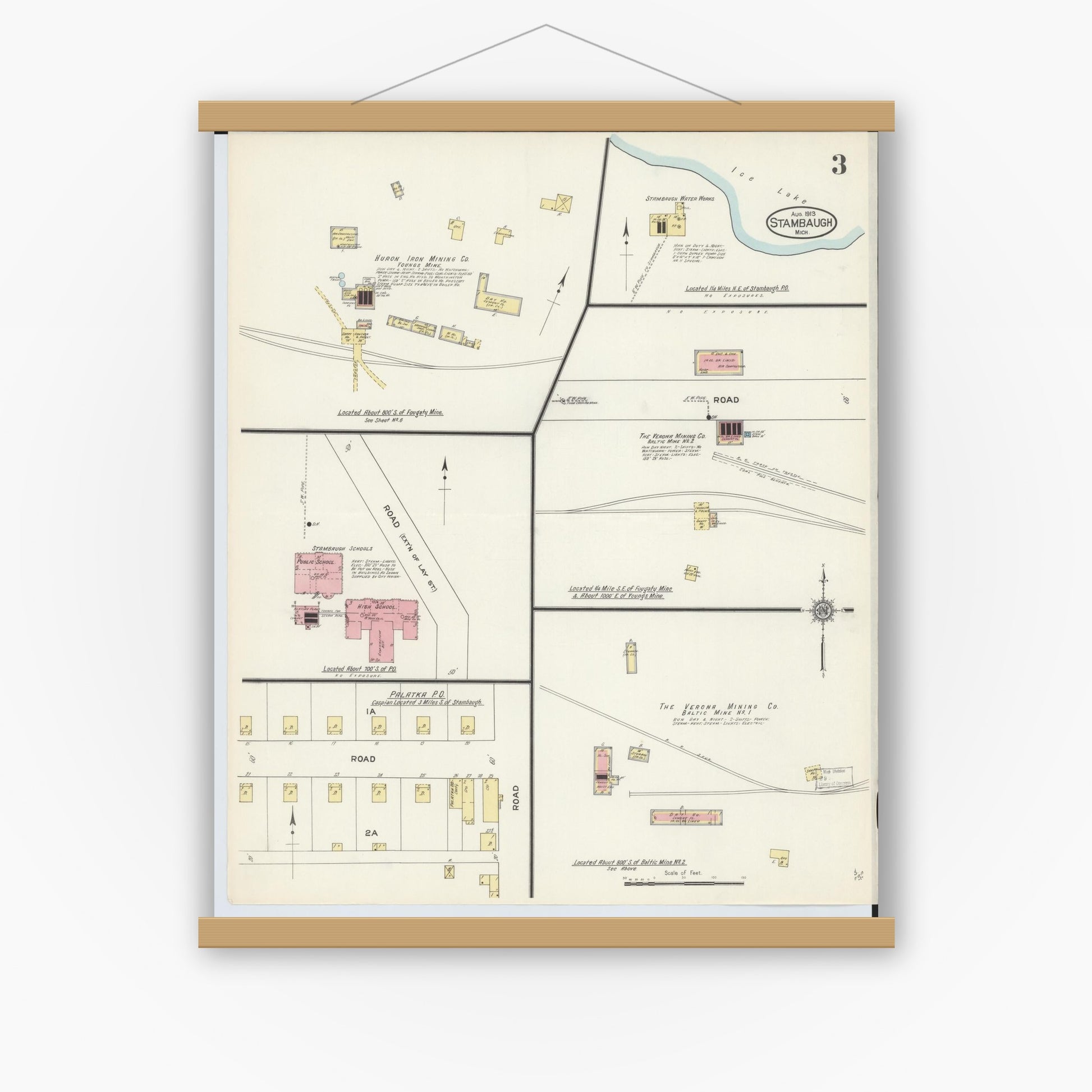 Old map wall art mockup — magnetic wood frame on white wall — Sanborn Fire Insurance Map from Stambaugh, Iron County, Michigan (1913), Sheet #0003