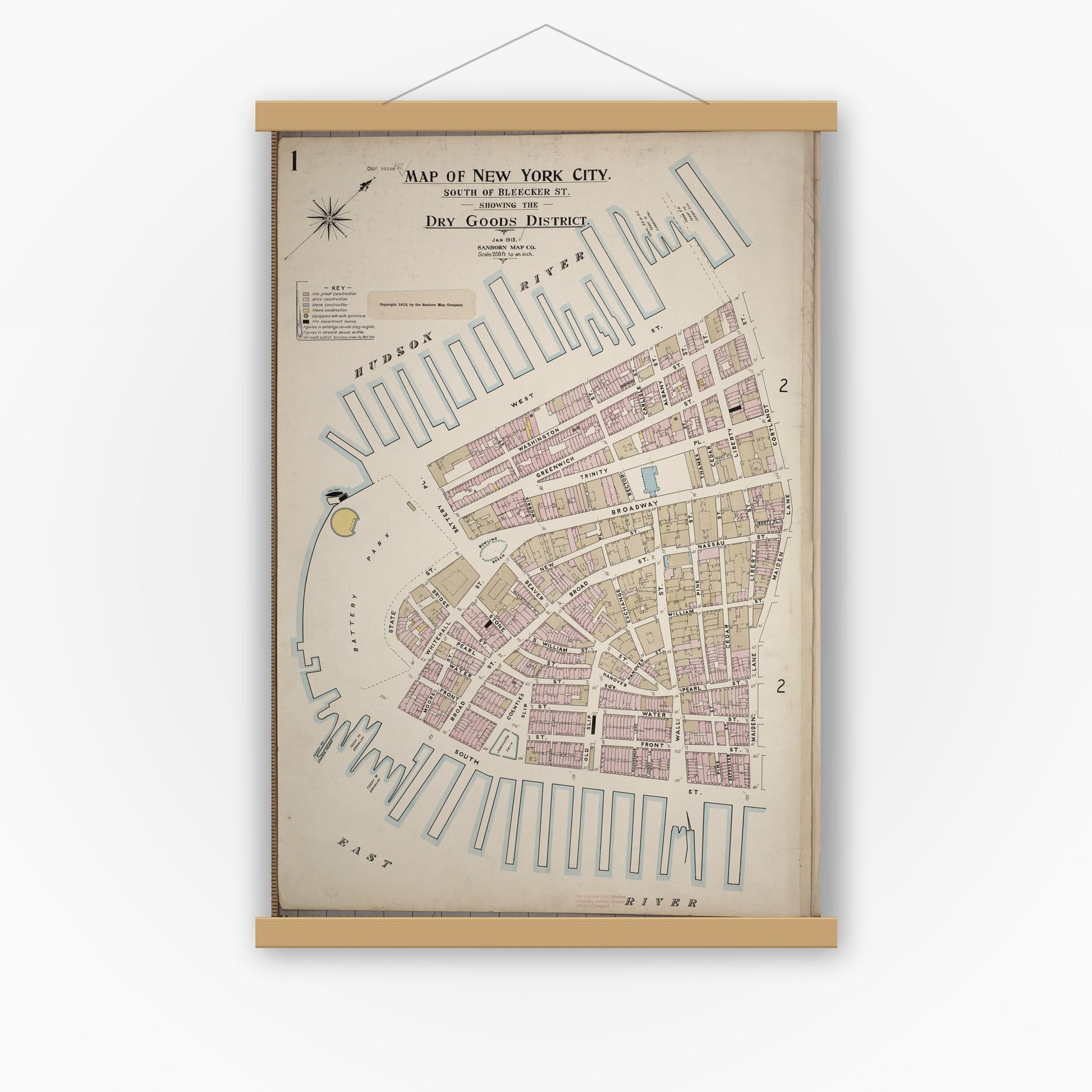 Old map wall art mockup — magnetic wood frame on white wall — Sanborn Fire Insurance Map from New York; Special Atlases, New York, New York (1913) - Complete Map Set
