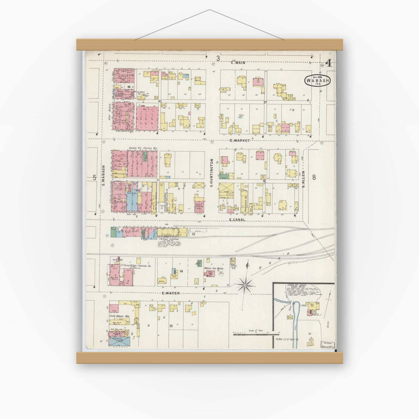Old map wall art mockup — magnetic wood frame on white wall — Sanborn Fire Insurance Map from Wabash, Wabash County, Indiana (1896), Sheet #0004