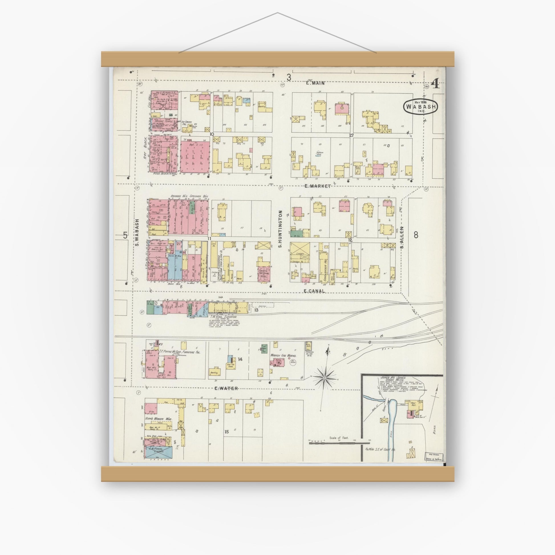 Old map wall art mockup — magnetic wood frame on white wall — Sanborn Fire Insurance Map from Wabash, Wabash County, Indiana (1896), Sheet #0004