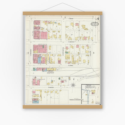 Old map wall art mockup — magnetic wood frame on white wall — Sanborn Fire Insurance Map from Wabash, Wabash County, Indiana (1896), Sheet #0004