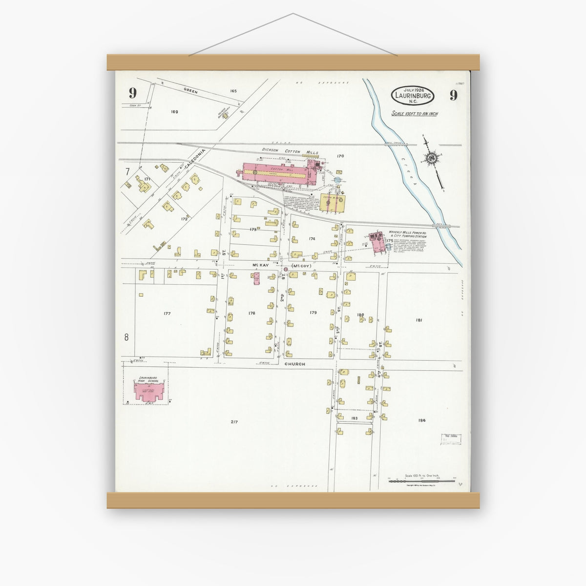 Old map wall art mockup — magnetic wood frame on white wall — Sanborn Fire Insurance Map from Laurinburg, Scotland County, North Carolina (1924), Sheet #0009