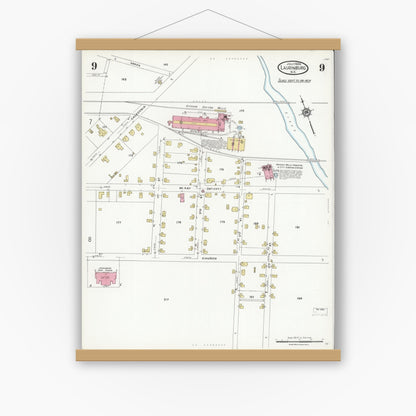 Old map wall art mockup — magnetic wood frame on white wall — Sanborn Fire Insurance Map from Laurinburg, Scotland County, North Carolina (1924), Sheet #0009