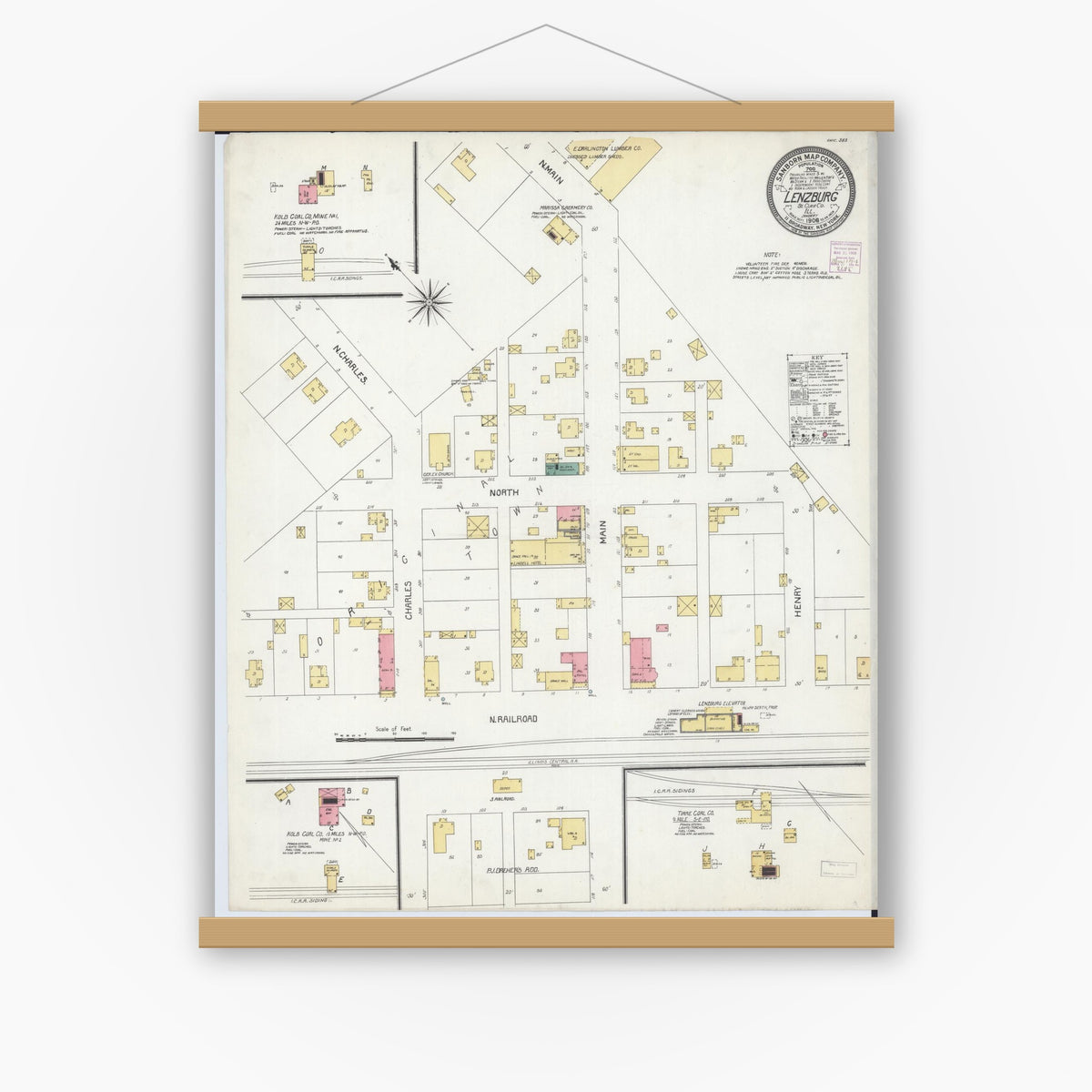 Old map wall art mockup — magnetic wood frame on white wall — Sanborn Fire Insurance Map from Lenzburg, Saint Clair County, Illinois (1906), Sheet #0001