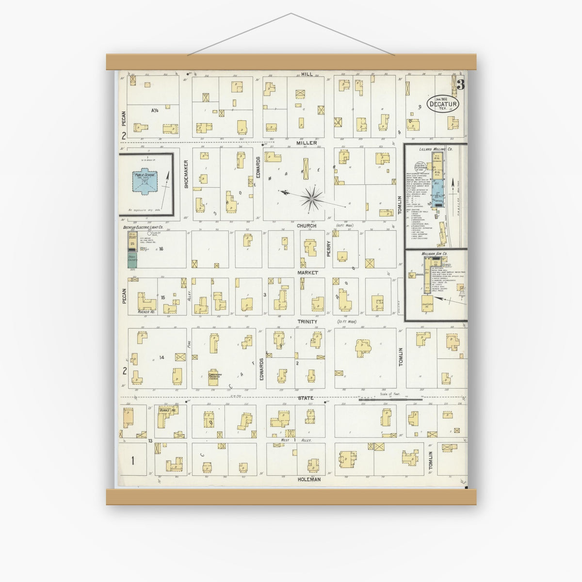 Old map wall art mockup — magnetic wood frame on white wall — Sanborn Fire Insurance Map from Decatur, Wise County, Texas (1902), Sheet #0003