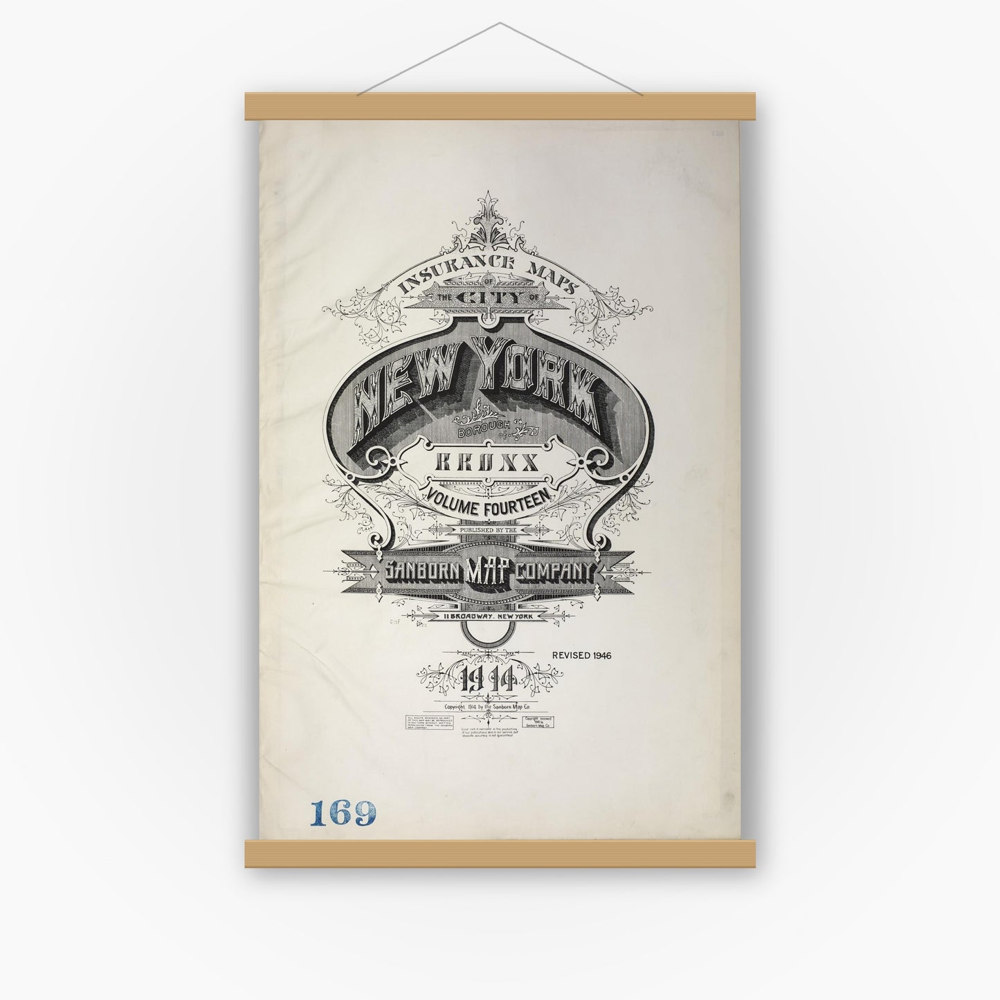 Old map wall art mockup — magnetic wood frame on white wall — Sanborn Fire Insurance Map from New York, Bronx, Manhattan, New York (1946), Sheet #0001