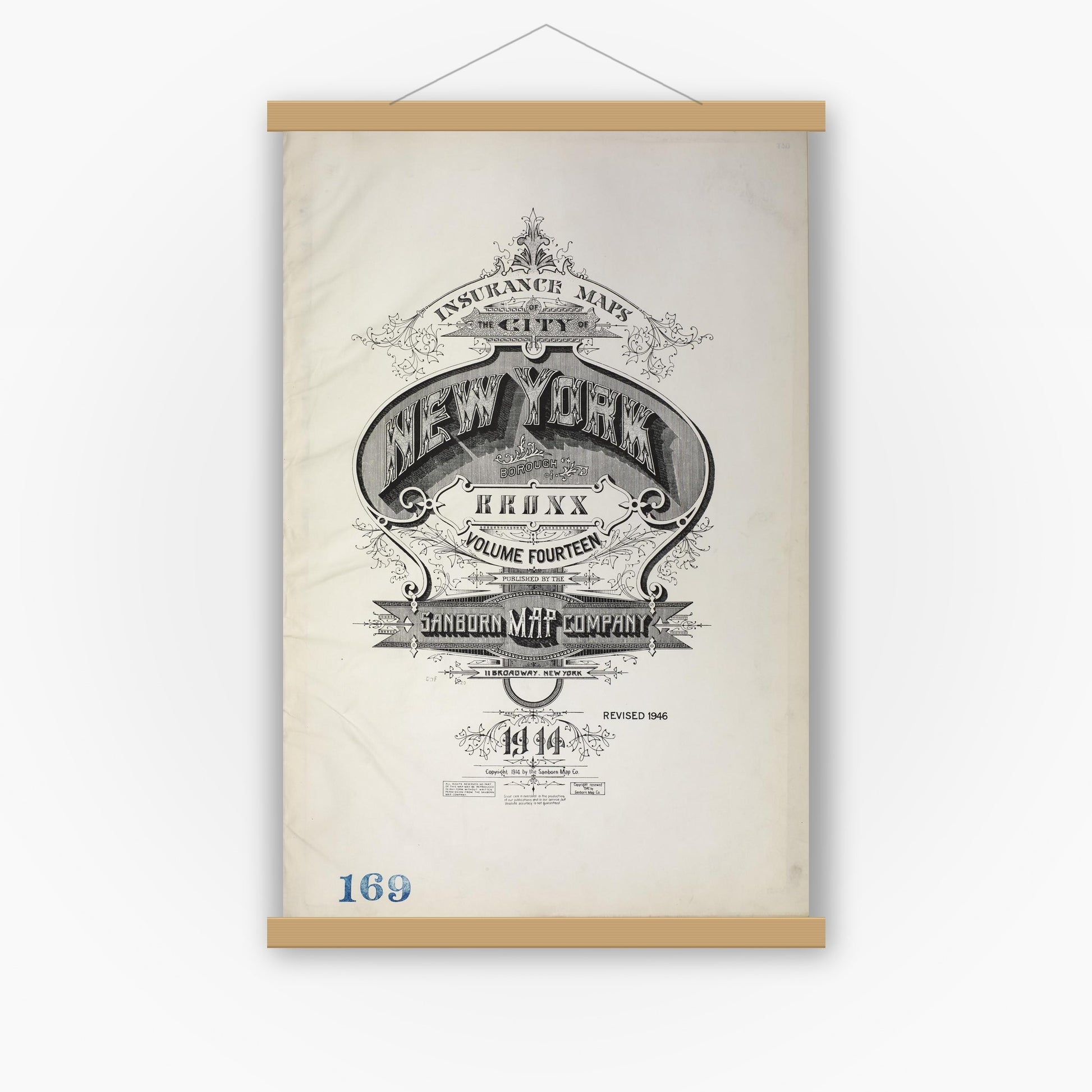 Old map wall art mockup — magnetic wood frame on white wall — Sanborn Fire Insurance Map from New York, Bronx, Manhattan, New York (1946), Sheet #0001