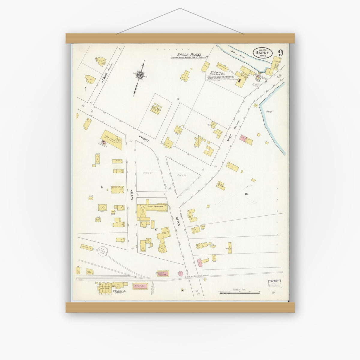 Old map wall art mockup — magnetic wood frame on white wall — Sanborn Fire Insurance Map from Barre, Worcester County, Massachusetts (1911), Sheet #0009