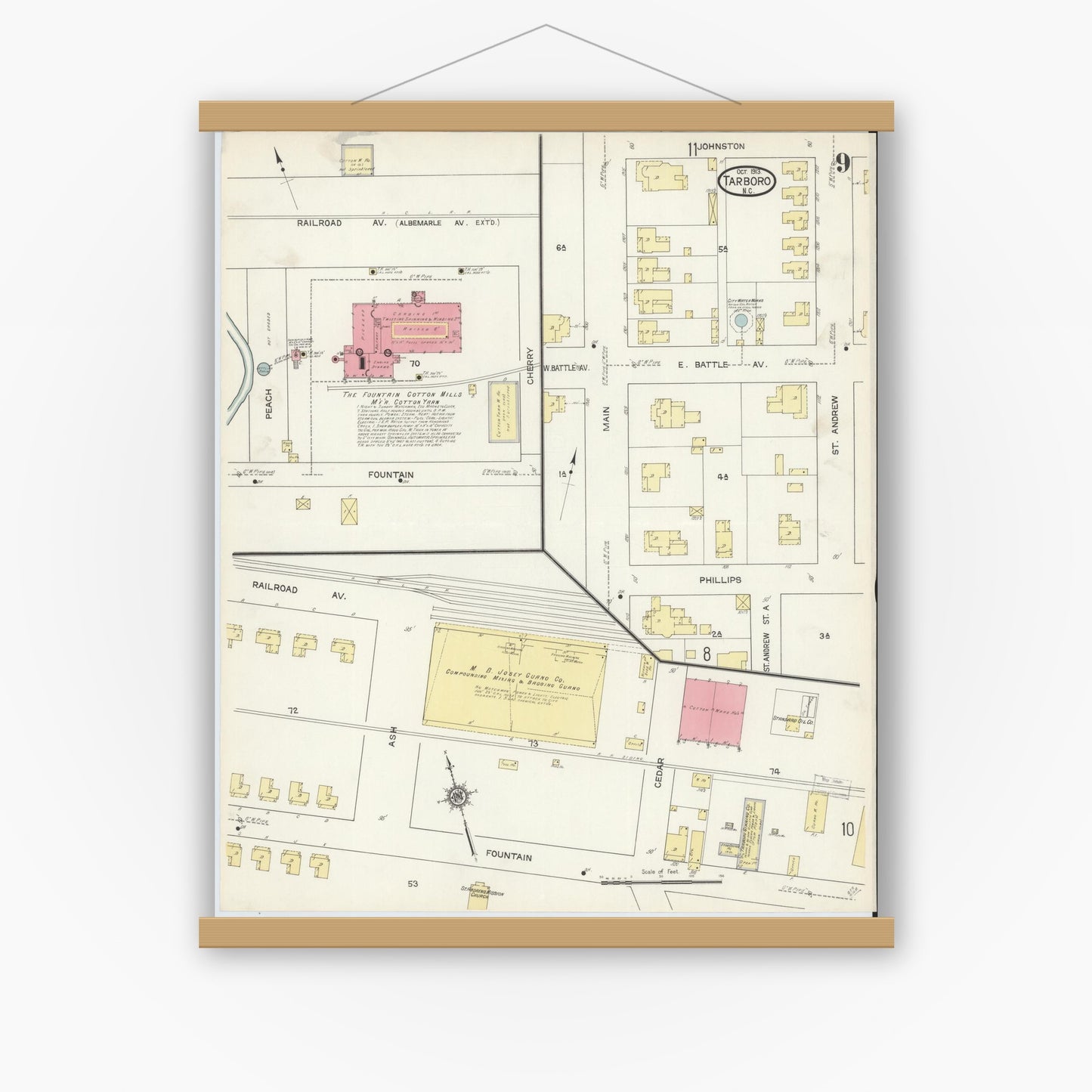 Old map wall art mockup — magnetic wood frame on white wall — Sanborn Fire Insurance Map from Tarboro, Edgecombe County, North Carolina (1913), Sheet #0009