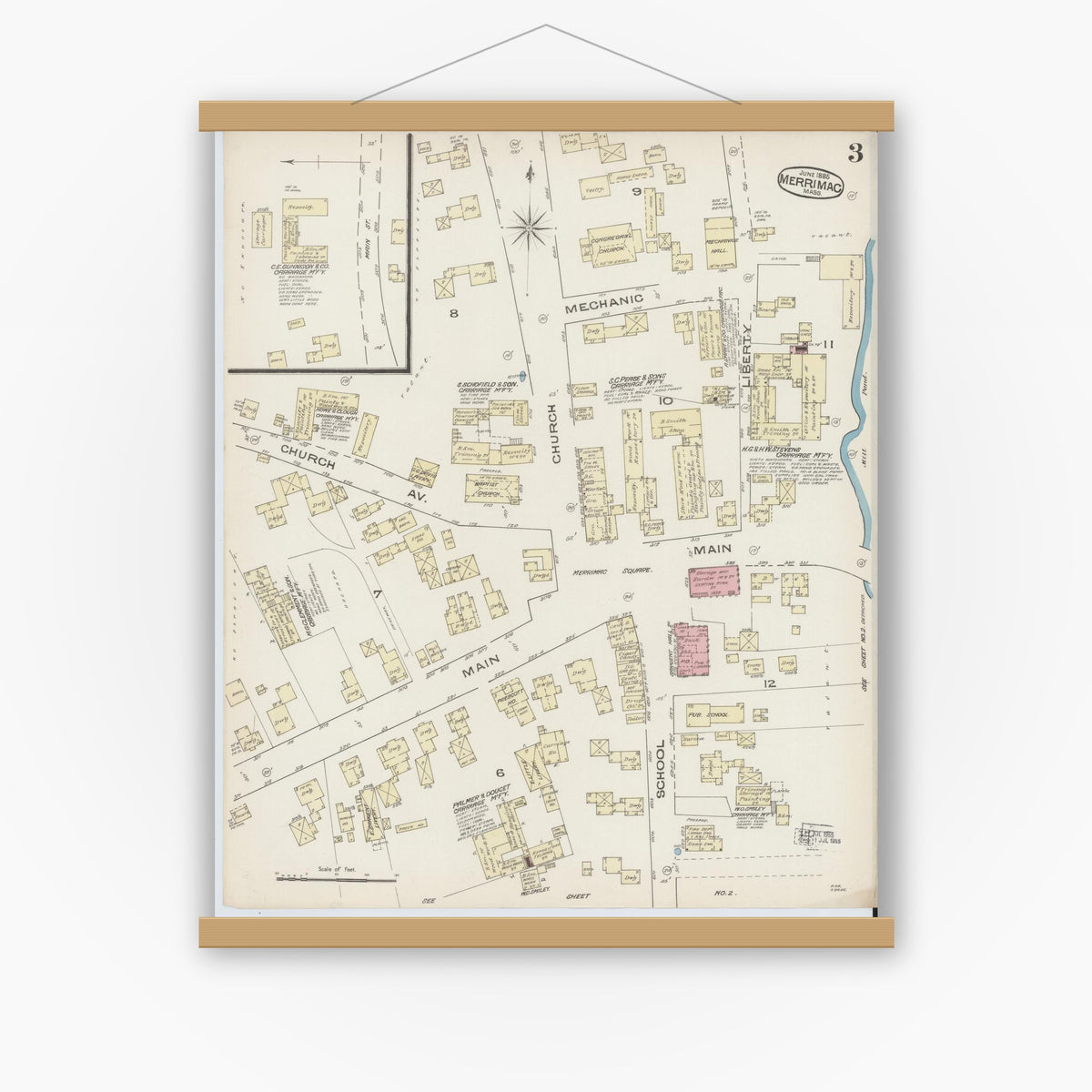 Old map wall art mockup — magnetic wood frame on white wall — Sanborn Fire Insurance Map from Merrimac, Essex County, Massachusetts (1885), Sheet #0003